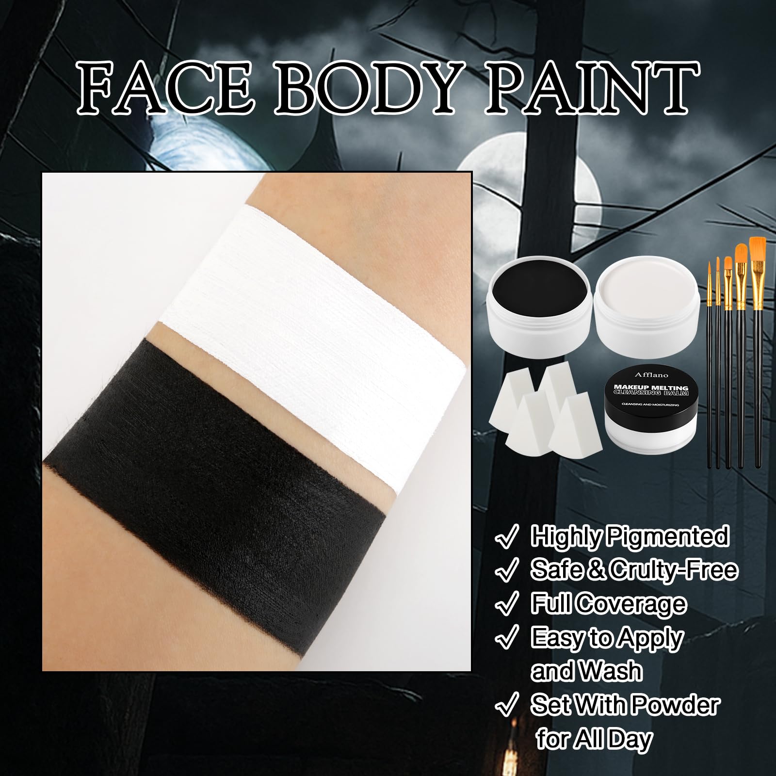 ecofavor Black & White Face Paint Kit – 50g Oil-Based Grease Makeup, Remover, 5 Brushes & 4 Sponges