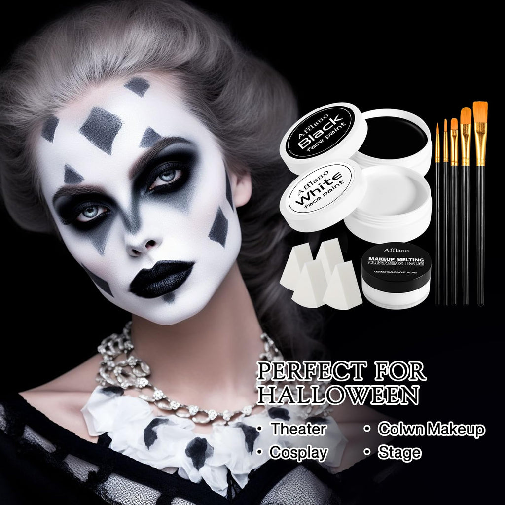 ecofavor Black & White Face Paint Kit – 50g Oil-Based Grease Makeup, Remover, 5 Brushes & 4 Sponges