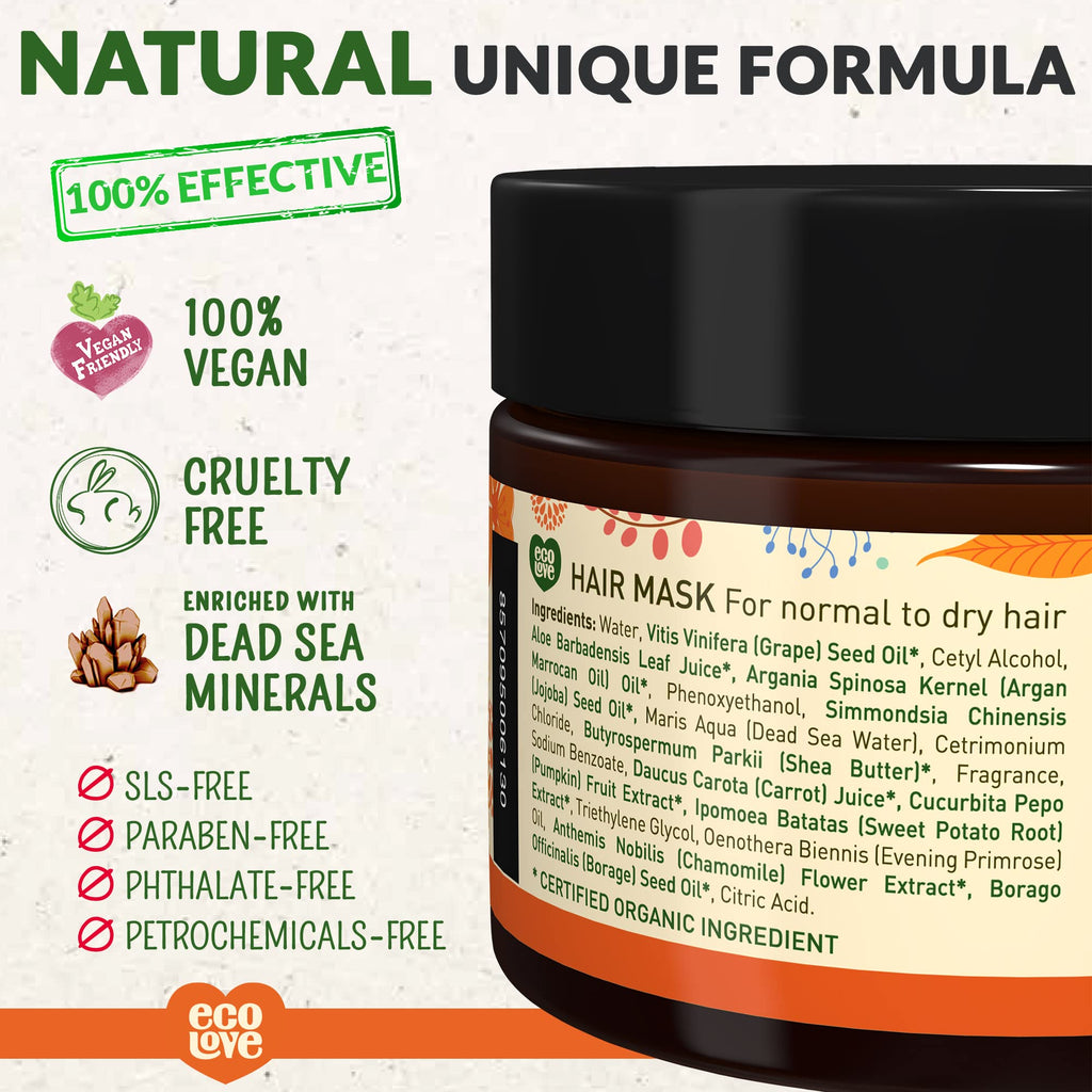 ecoLove Hair Mask for Dry, Damaged, and Curly Hair – Deep Conditioning with Carrot & Pumpkin Extract (11.8 oz) | Vegan & Cruelty-Free