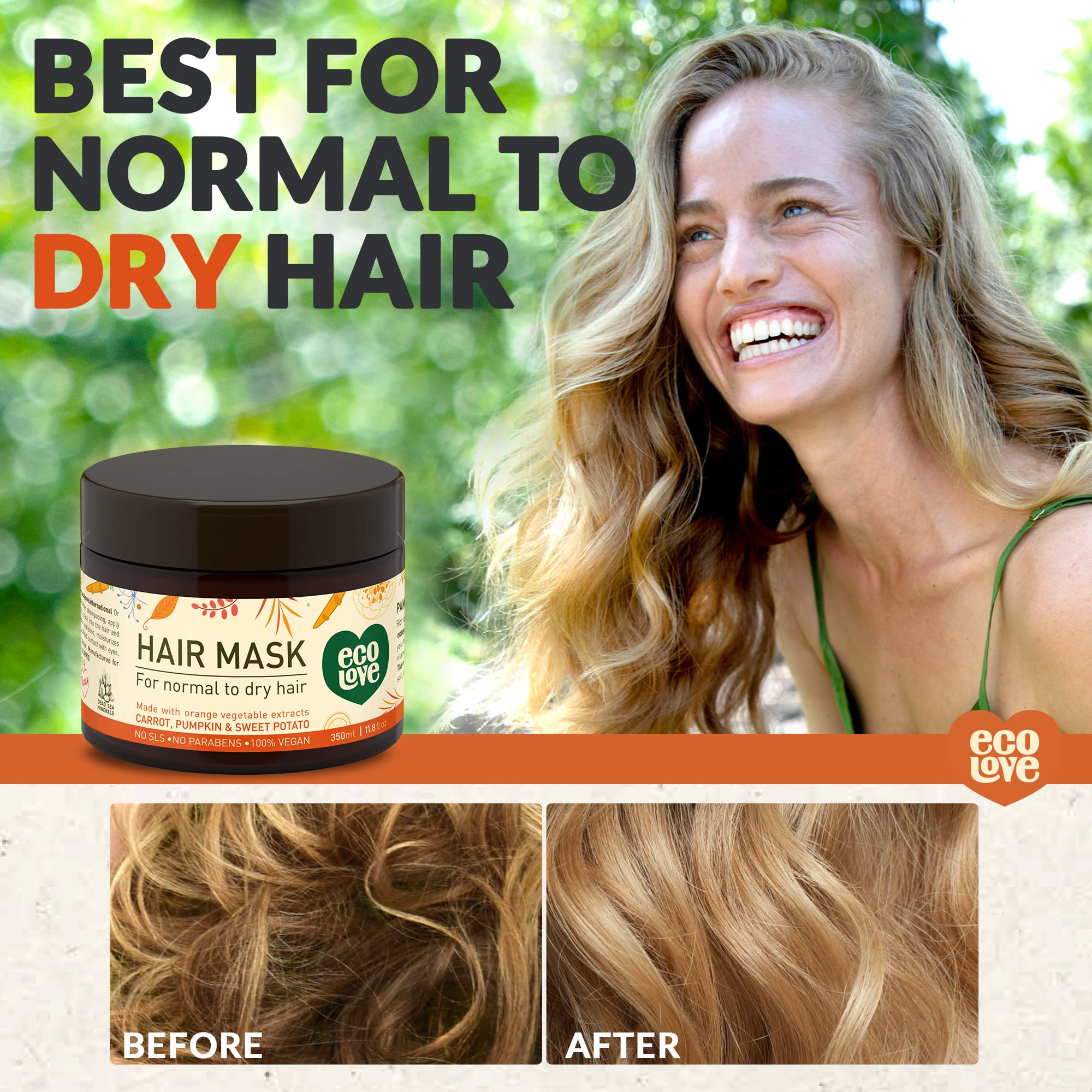 ecoLove Hair Mask for Dry, Damaged, and Curly Hair – Deep Conditioning with Carrot & Pumpkin Extract (11.8 oz) | Vegan & Cruelty-Free