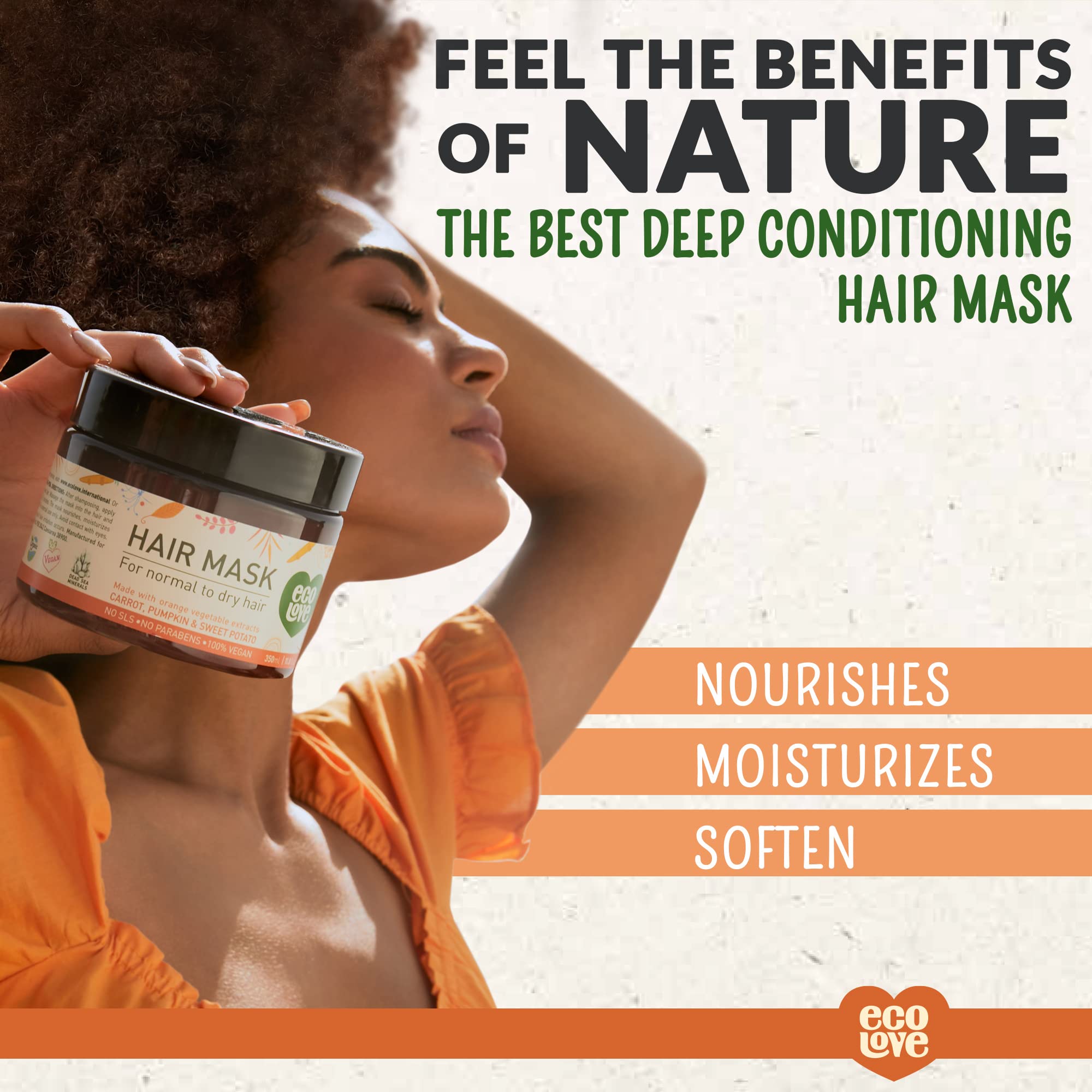 ecoLove Hair Mask for Dry, Damaged, and Curly Hair – Deep Conditioning with Carrot & Pumpkin Extract (11.8 oz) | Vegan & Cruelty-Free