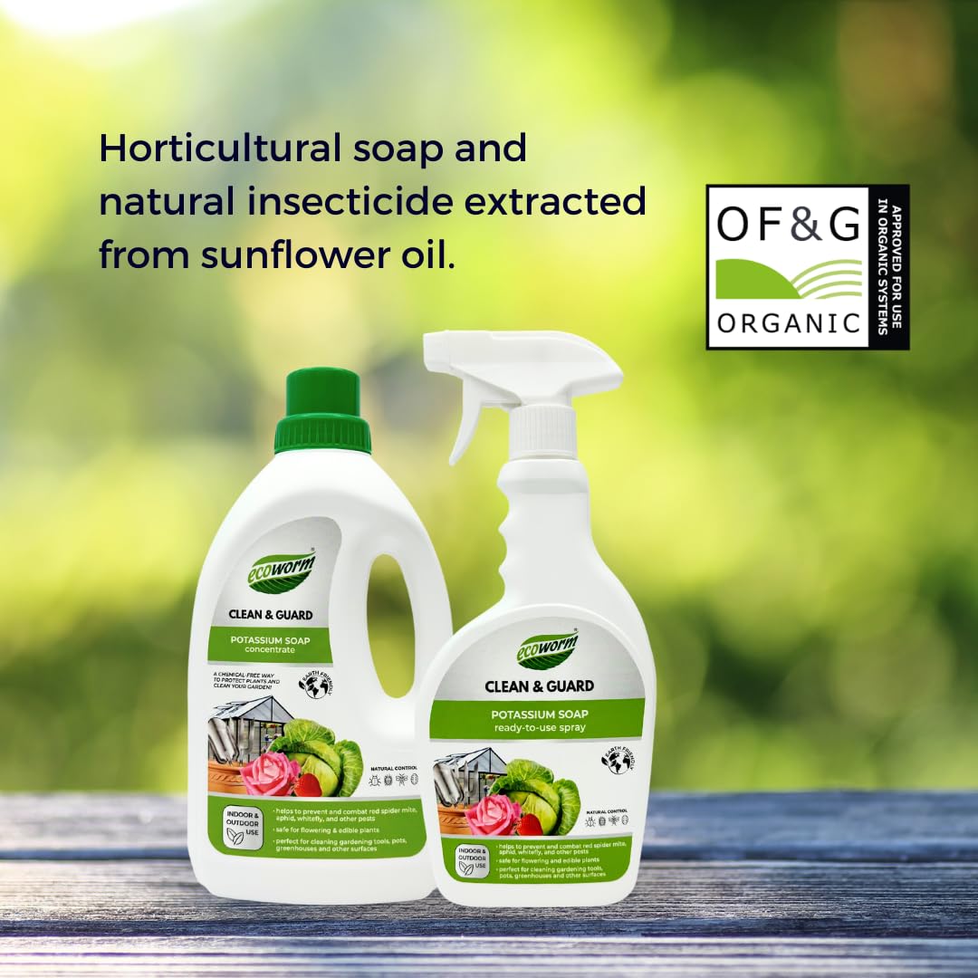 Ecoworm Organic Potassium Soap Concentrate – Plant-Based Horticultural Formula | Dilutable Soap for Plants & Garden Care (34 fl oz)