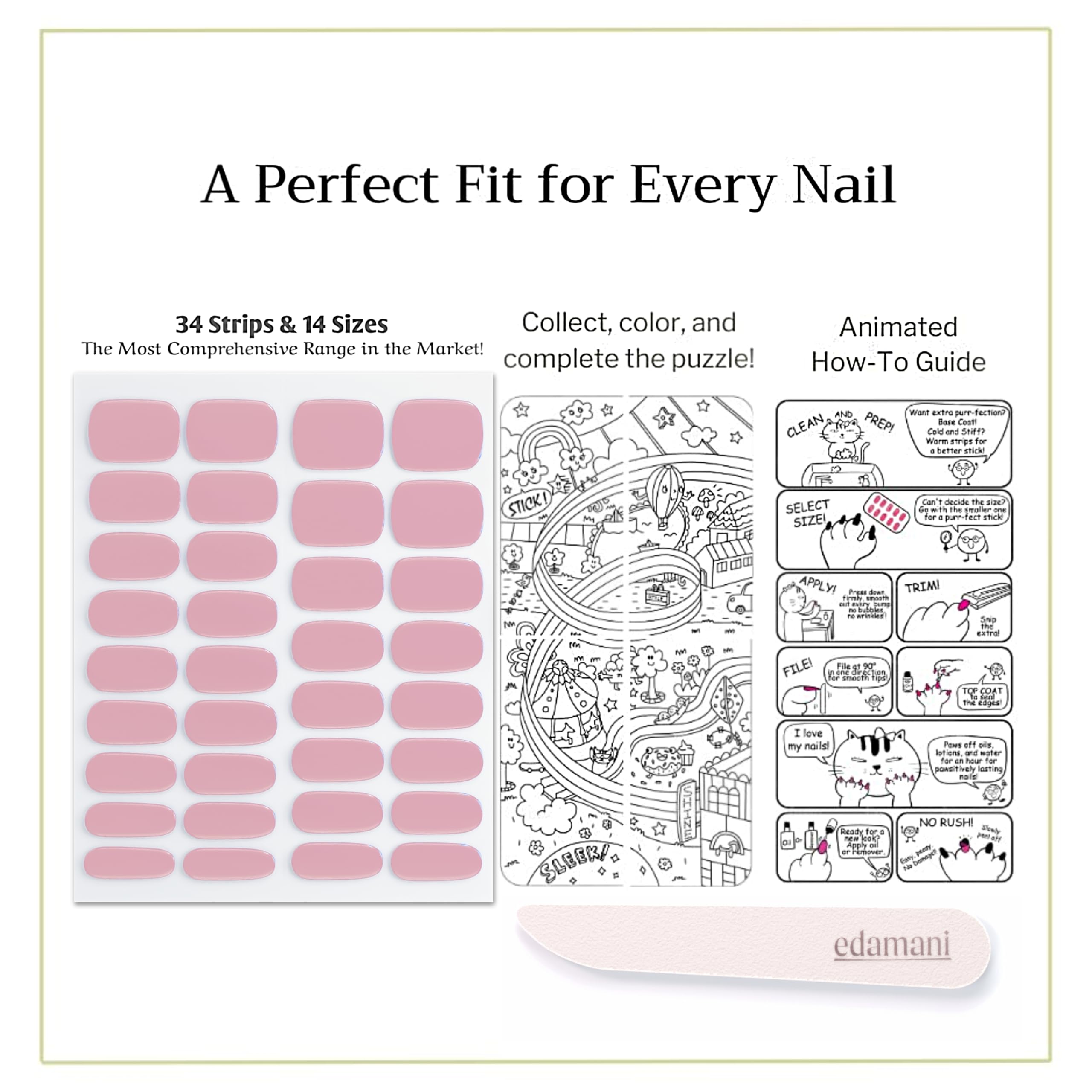 edamani 34-Piece Fully Cured Gel Nail Strips — No UV Light Needed, 14+ Days Shine (Hailey)