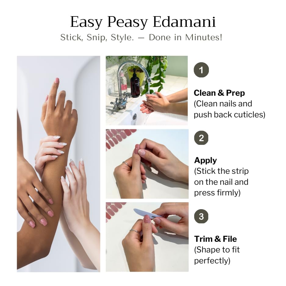 edamani 34-Piece Fully Cured Gel Nail Strips — No UV Light Needed, 14+ Days Shine (Hailey)
