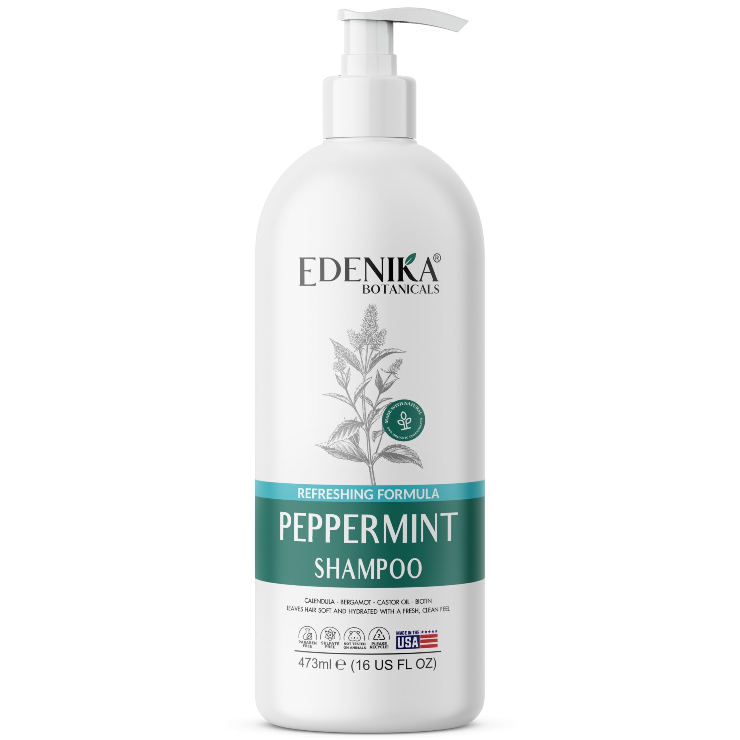 EDENIKA BOTANICALS Peppermint Shampoo with Castor Oil & Biotin – Soothes Scalp, Strengthens Hair, Sulfate-Free 16 oz