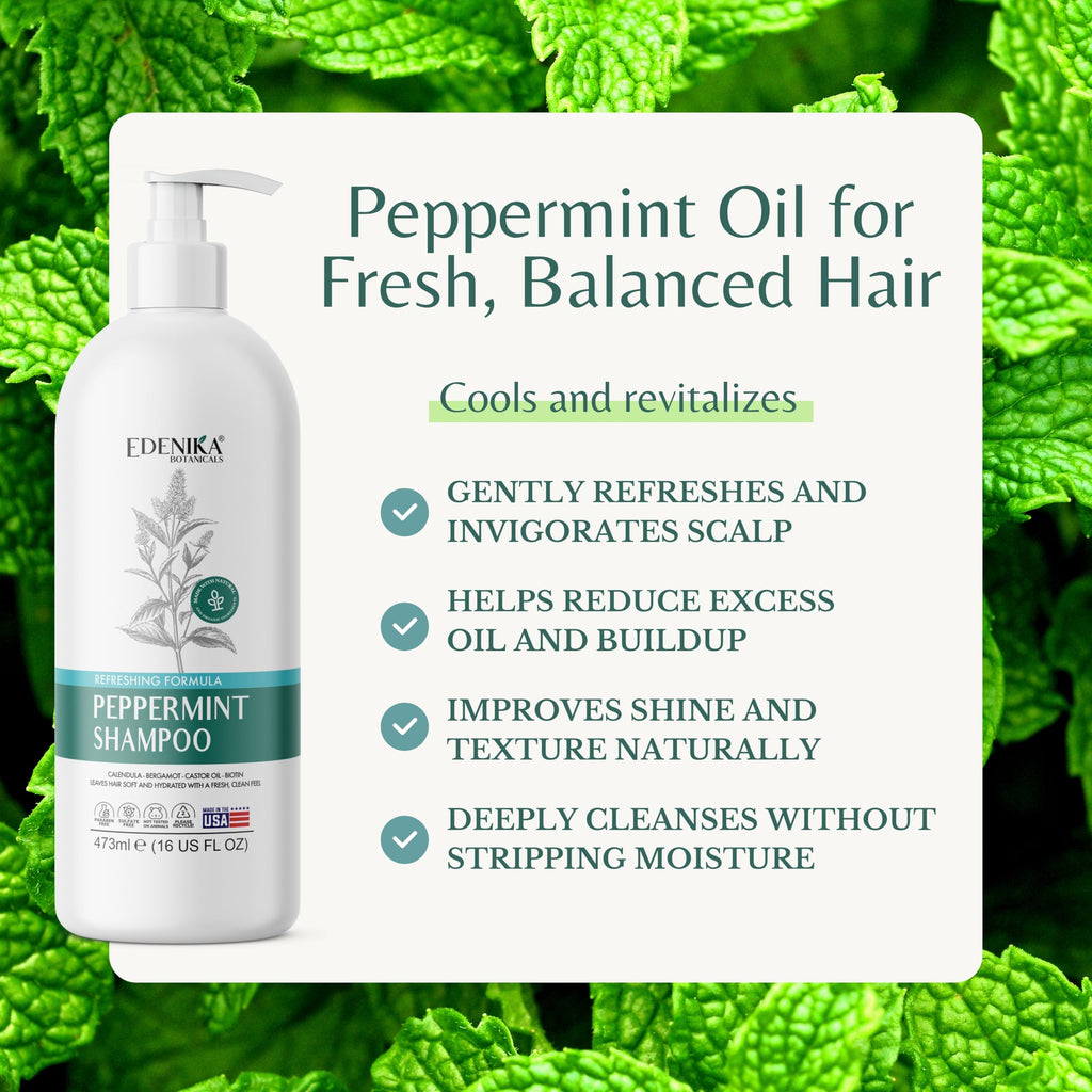 EDENIKA BOTANICALS Peppermint Shampoo with Castor Oil & Biotin – Soothes Scalp, Strengthens Hair, Sulfate-Free 16 oz