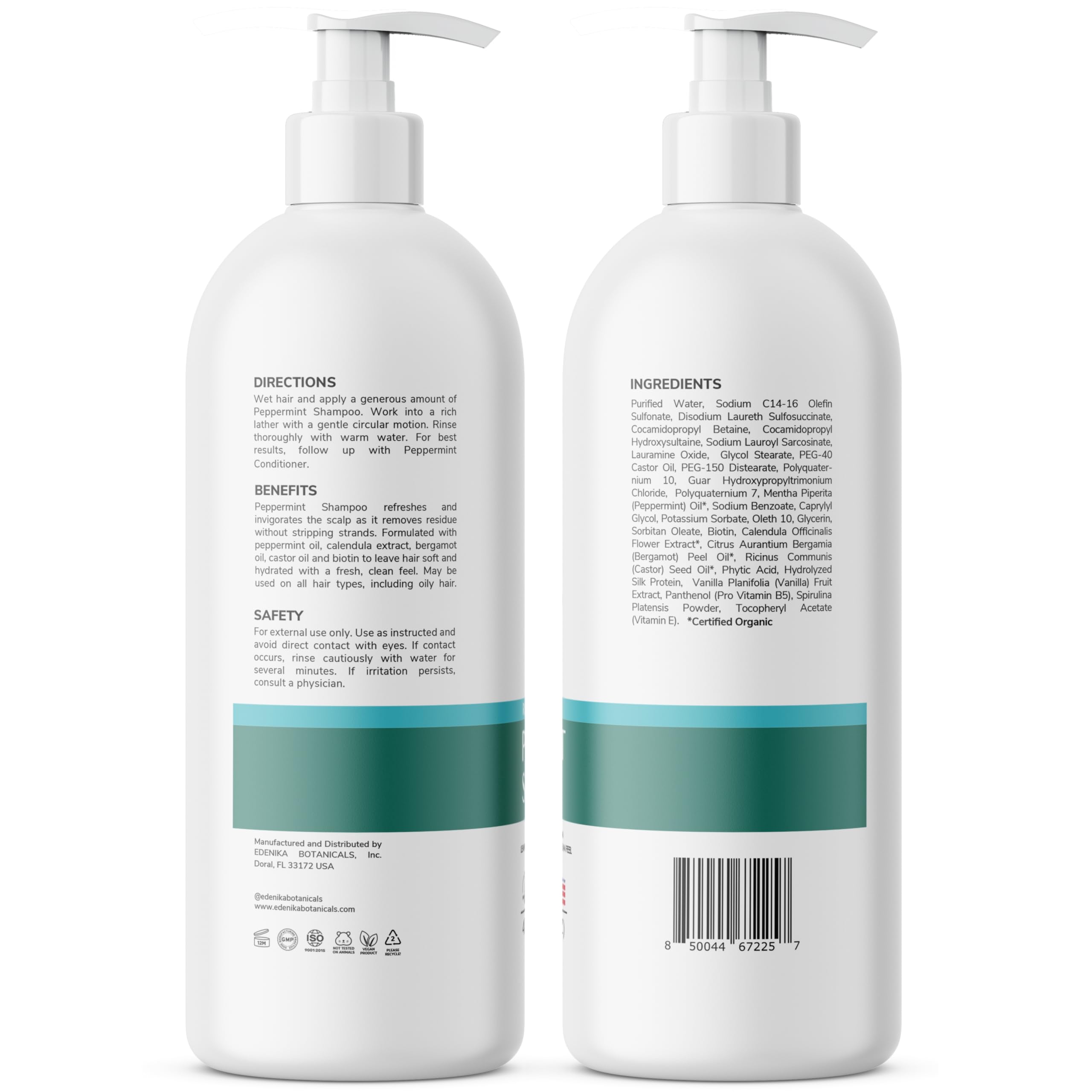 EDENIKA BOTANICALS Peppermint Shampoo with Castor Oil & Biotin – Soothes Scalp, Strengthens Hair, Sulfate-Free 16 oz
