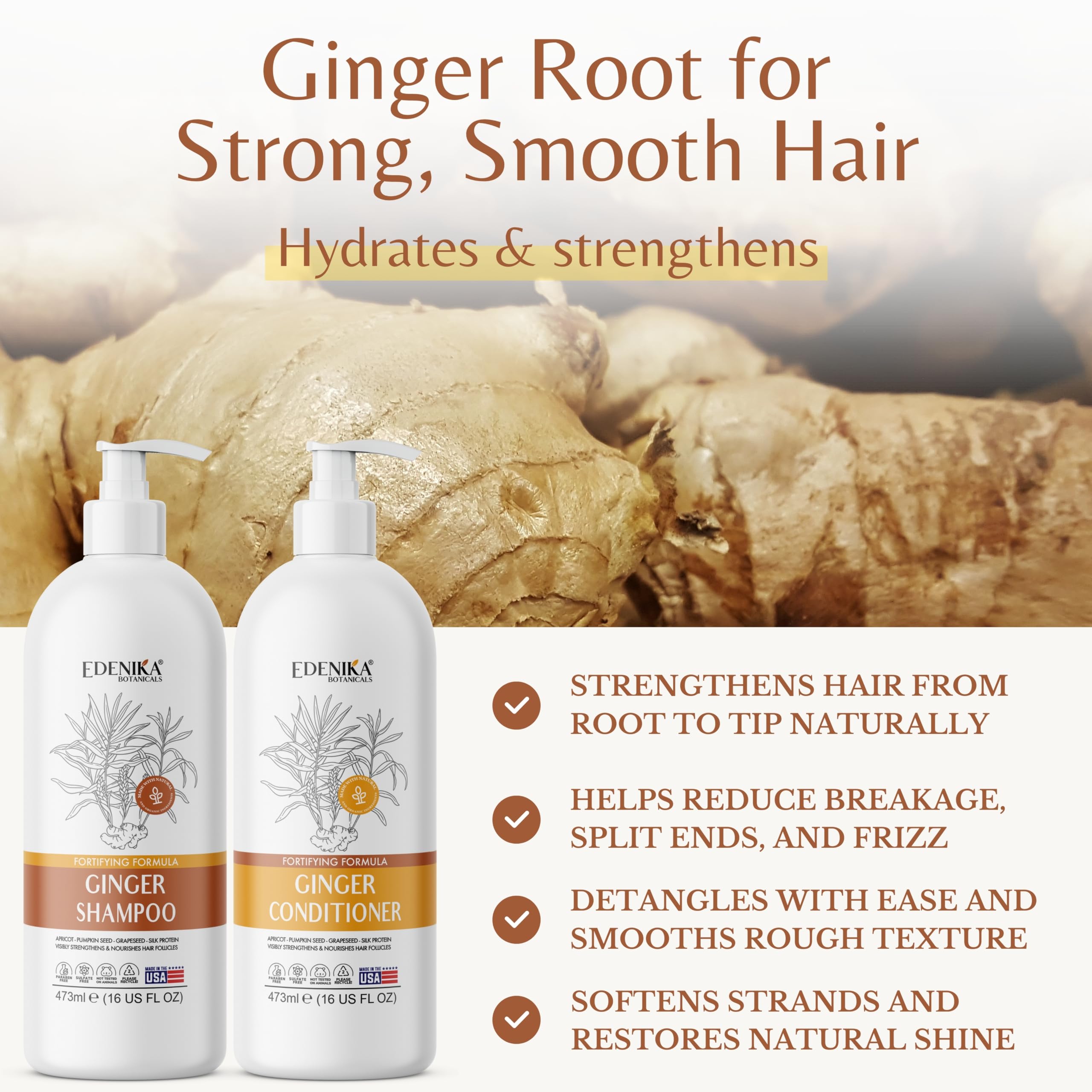 EDENIKA BOTANICALS Ginger Shampoo & Conditioner Set — Fortifying Biotin Formula, Organic Ingredients, 16 oz Each