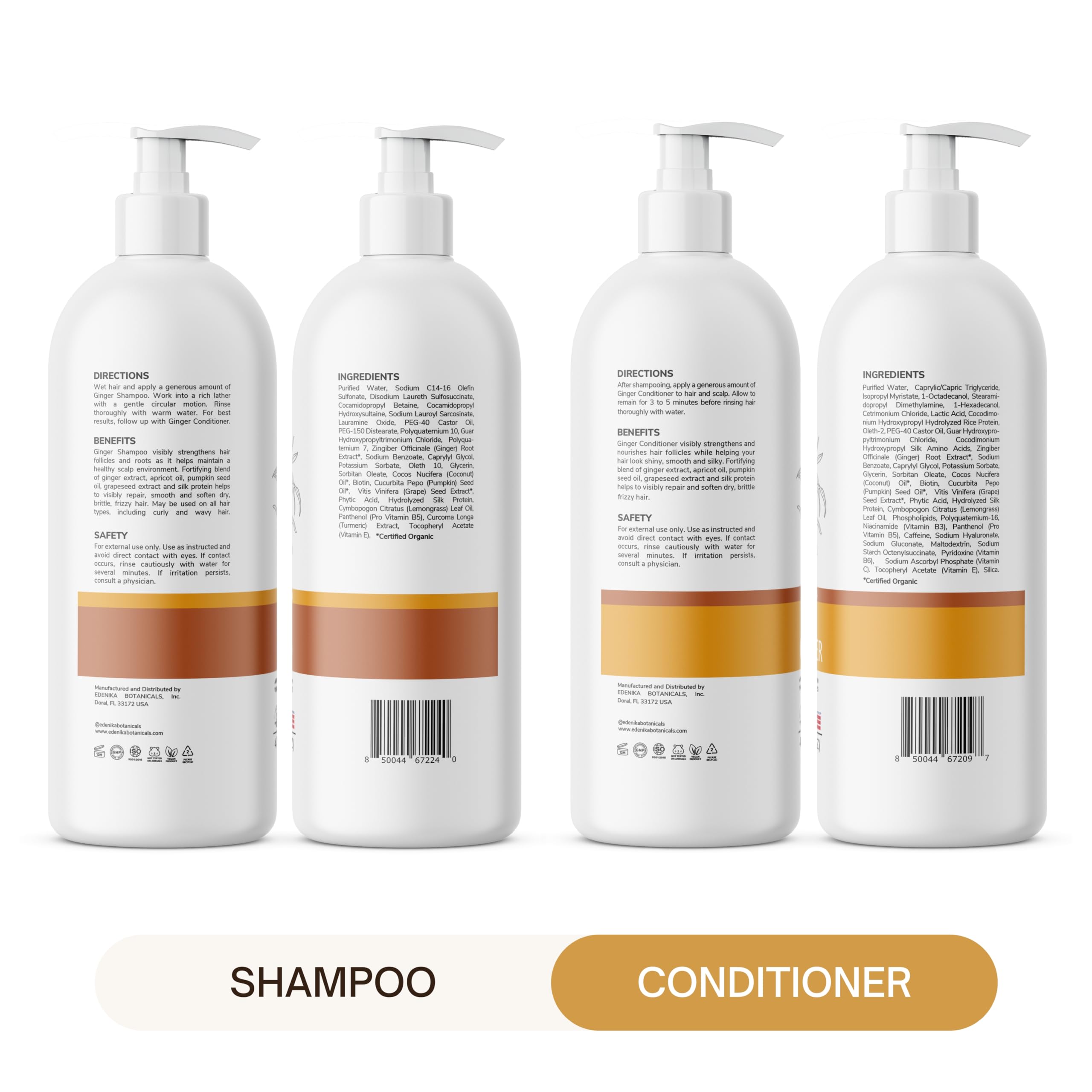 EDENIKA BOTANICALS Ginger Shampoo & Conditioner Set — Fortifying Biotin Formula, Organic Ingredients, 16 oz Each
