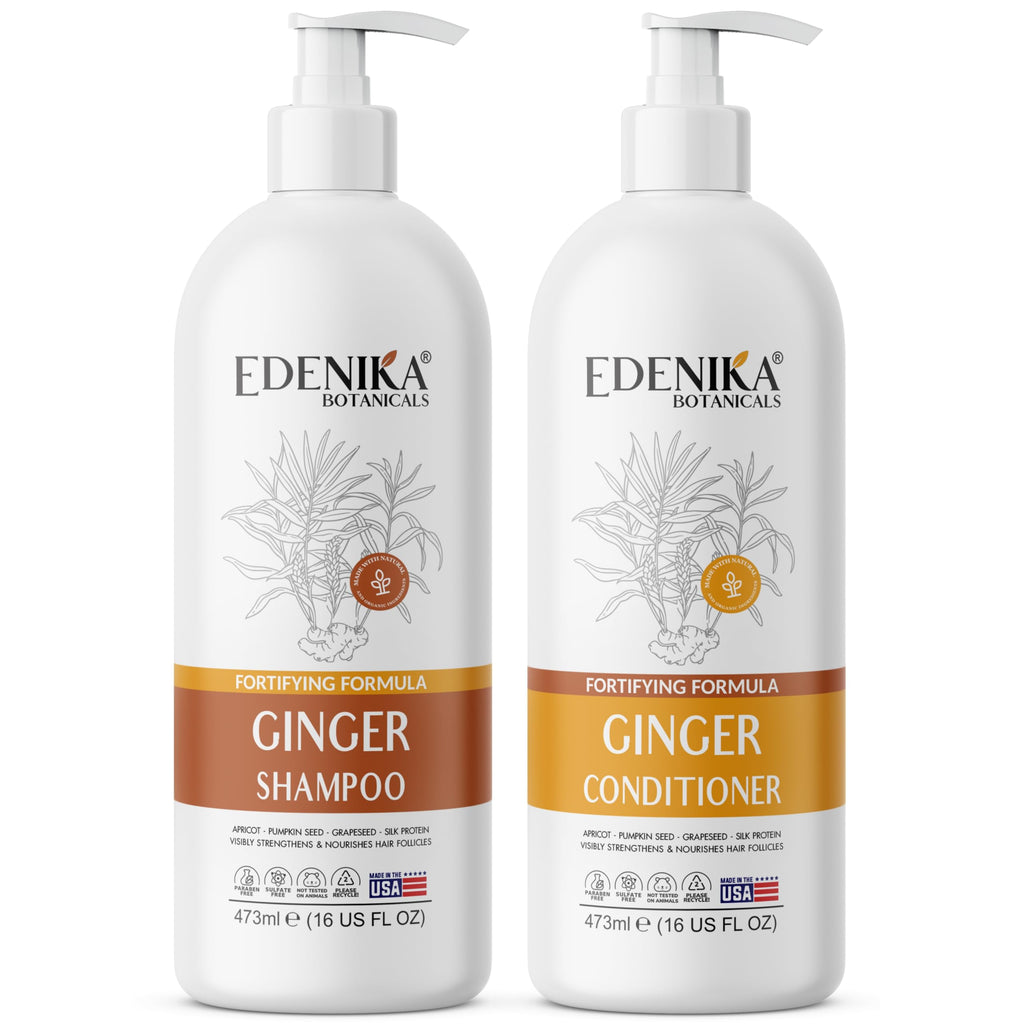 EDENIKA BOTANICALS Ginger Shampoo & Conditioner Set — Fortifying Biotin Formula, Organic Ingredients, 16 oz Each
