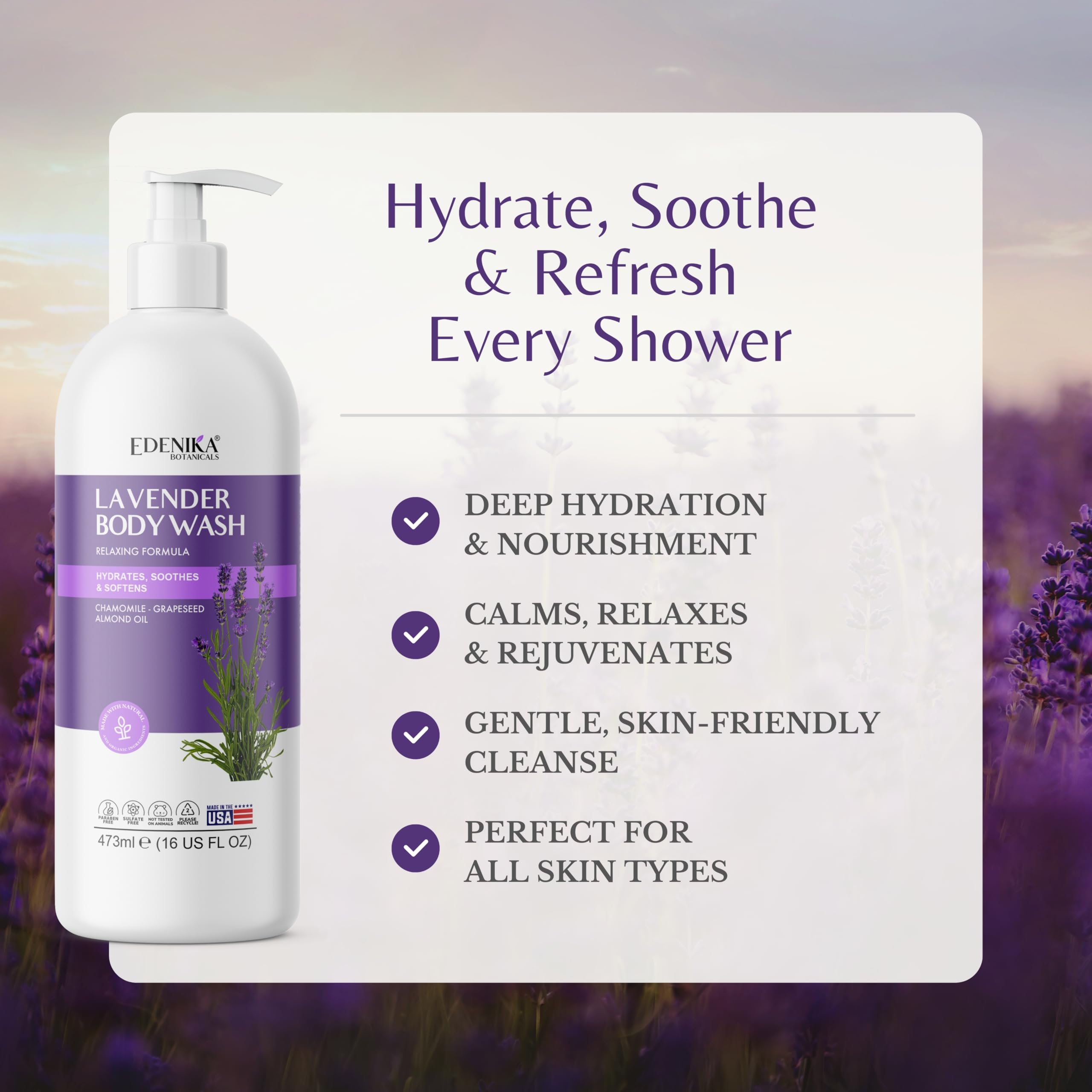 Edenika Lavender Body Wash with Vitamin E – Organic & Gentle 2-Pack, 16 oz