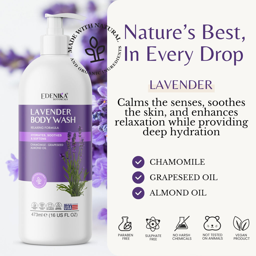 Edenika Lavender Body Wash with Vitamin E – Organic & Gentle 2-Pack, 16 oz