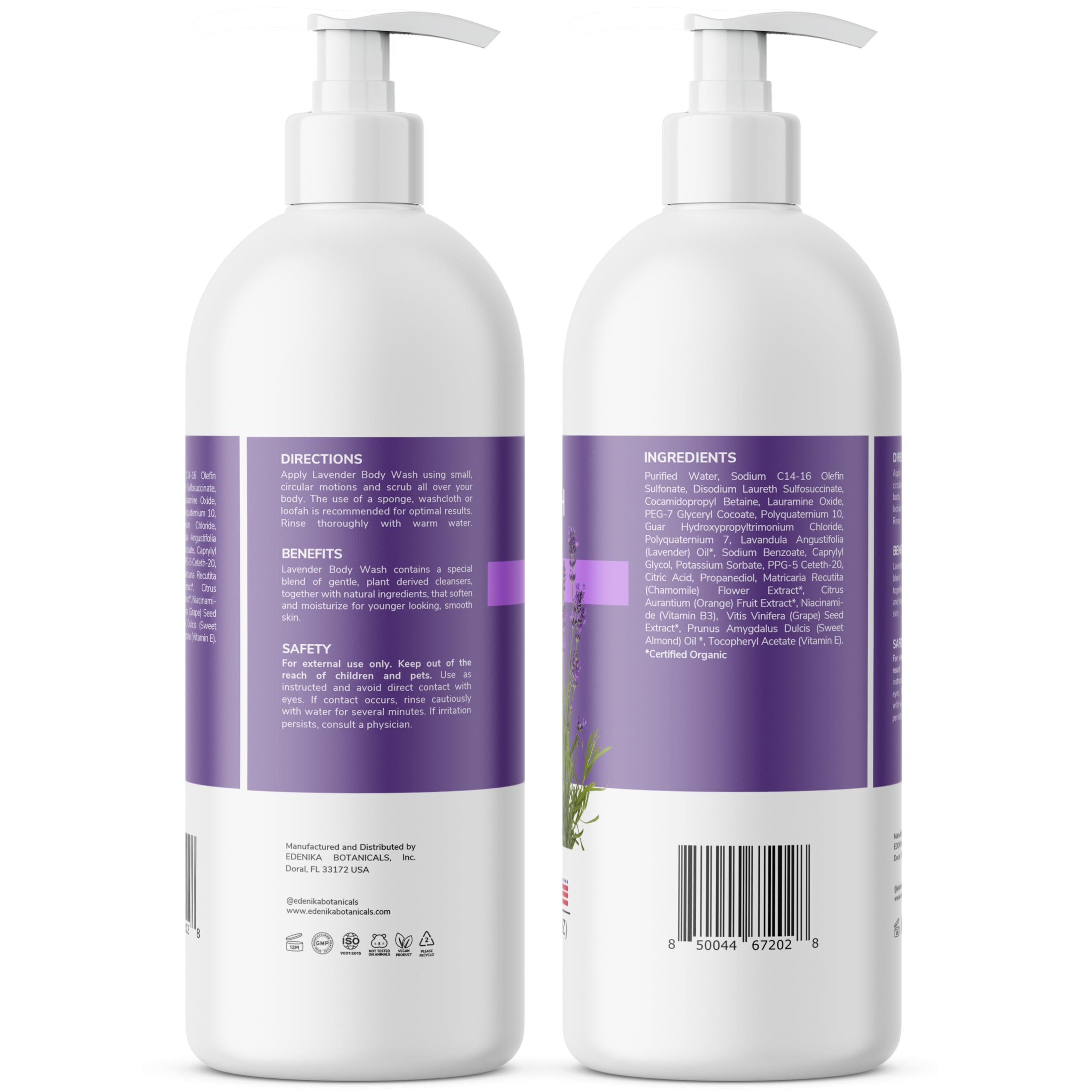 Edenika Lavender Body Wash with Vitamin E – Organic & Gentle 2-Pack, 16 oz