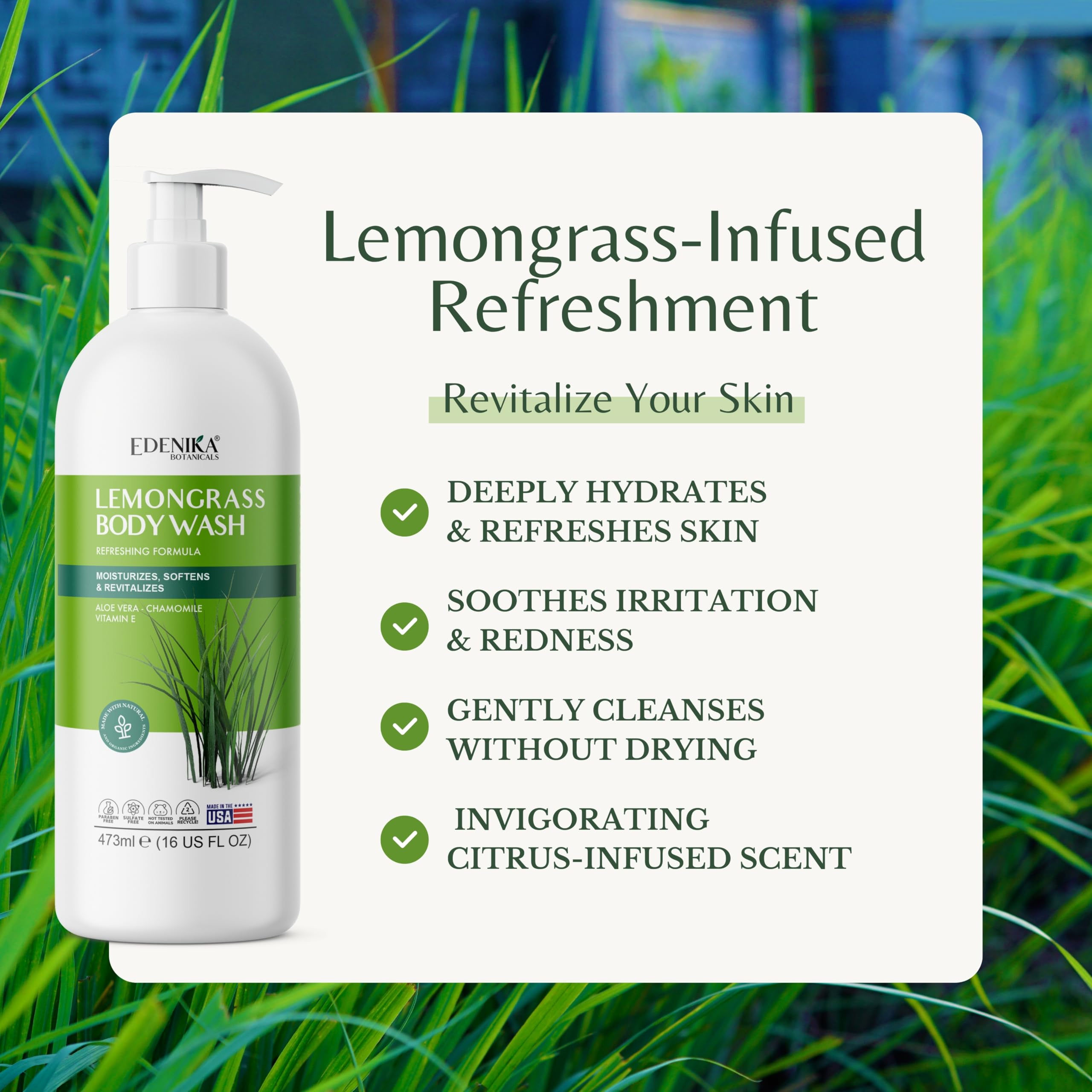 EDENIKA BOTANICALS Lemongrass Body Wash with Vitamin E – Hydrating, Organic & Vegan, 2-Pack (16 fl oz each)
