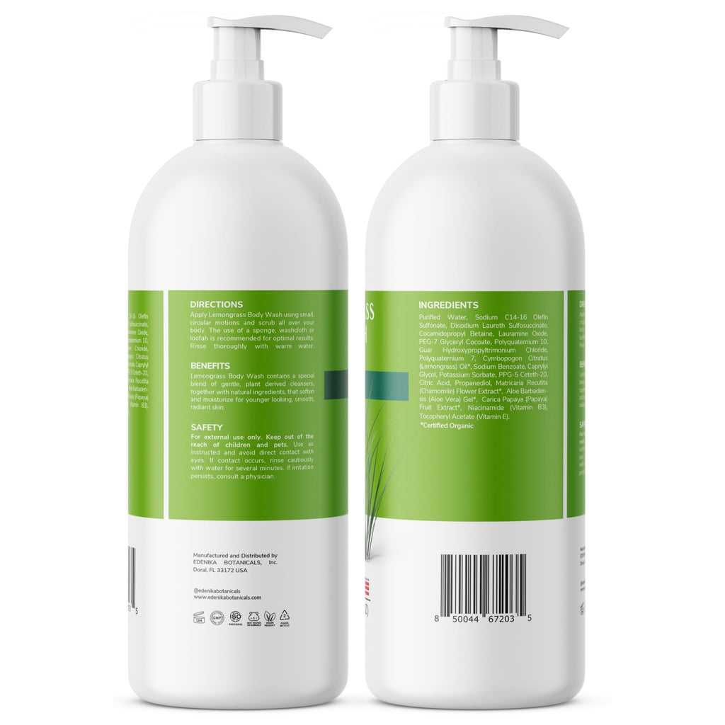 EDENIKA BOTANICALS Lemongrass Body Wash with Vitamin E – Hydrating, Organic & Vegan, 2-Pack (16 fl oz each)