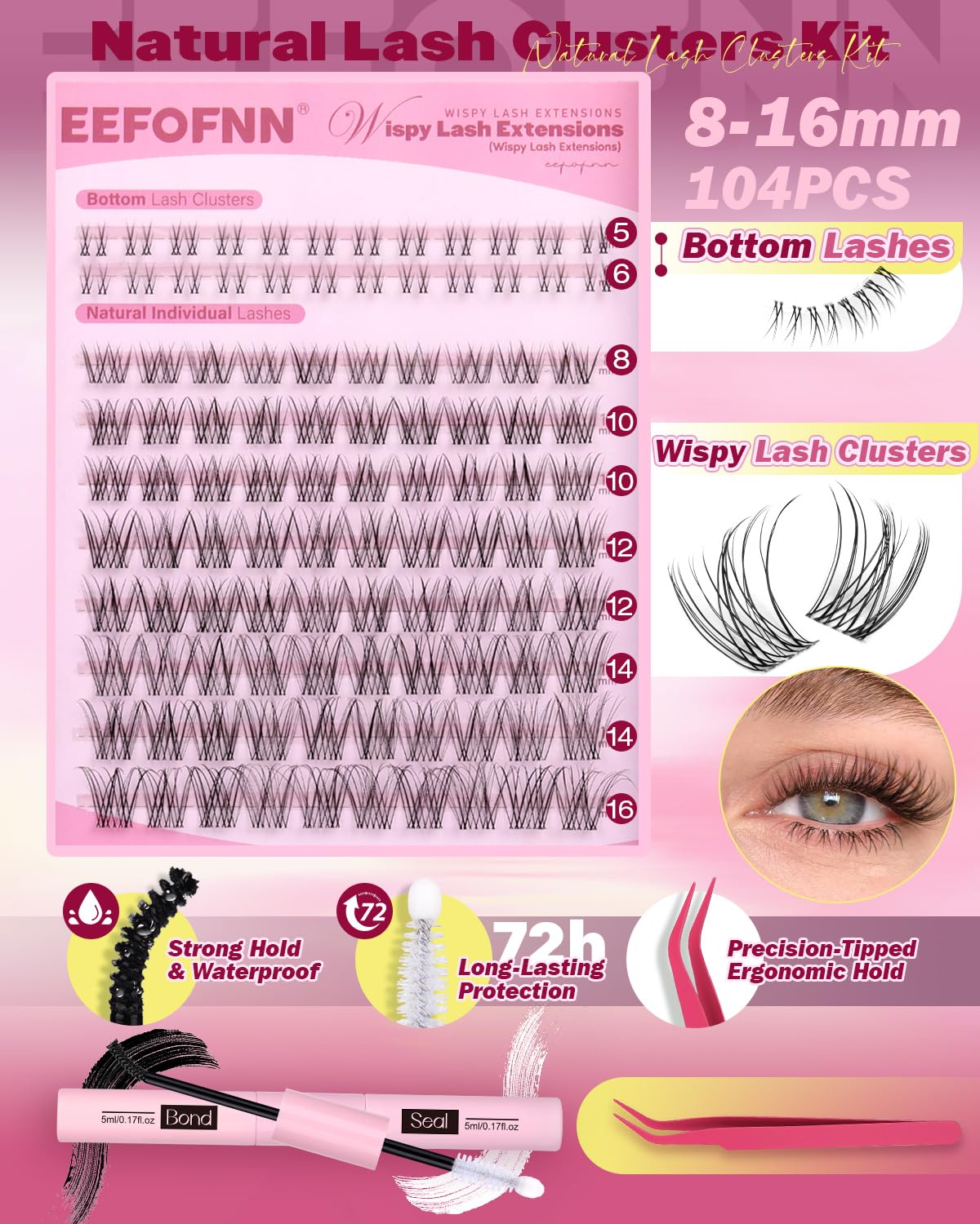 Eefofnn Lash Clusters Kit Wispy Natural Lashes DIY Top & Bottom 8-16mm C-Curly