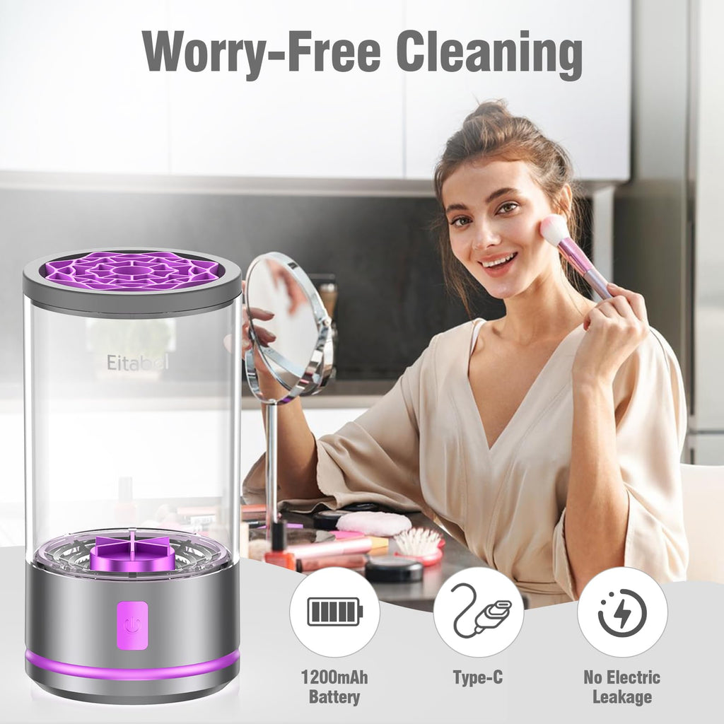 EITABEL 2-in-1 Makeup Brush Cleaner & Washer — Portable 7000 RPM Automatic Cleaner (Purple)
