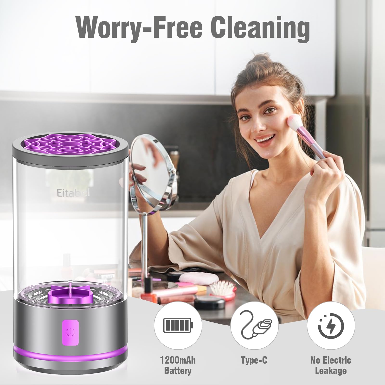 EITABEL 2-in-1 Makeup Brush Cleaner & Washer — Portable 7000 RPM Automatic Cleaner (Purple)