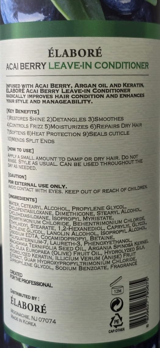 Elabore Acai Berry Leave-In Conditioner — Nourishing Frizz Control & Detangling 16.06 fl oz