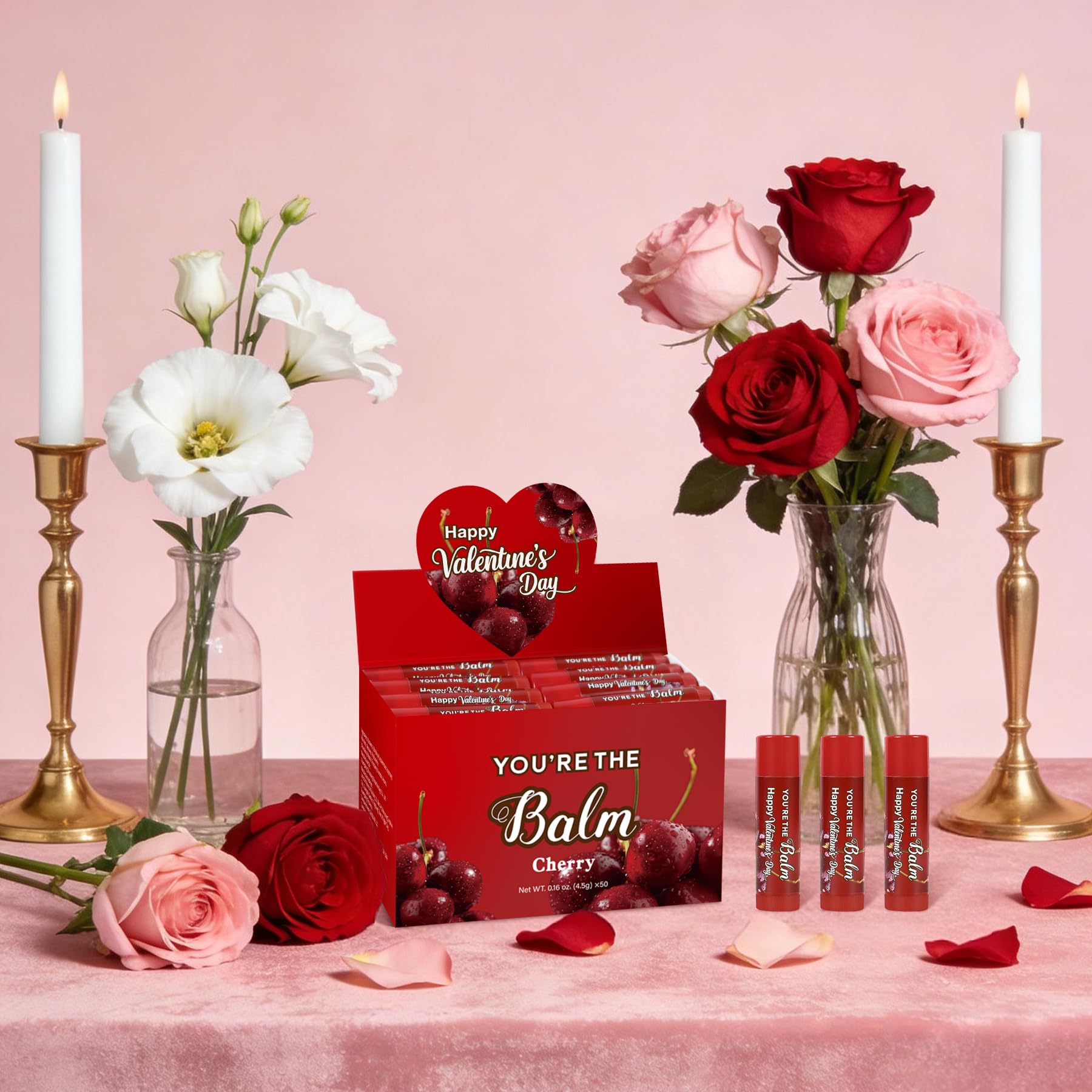 ElasignShopo 50-Pack Cherry Lip Balm Bulk for Valentines, Galentines & Party Favors