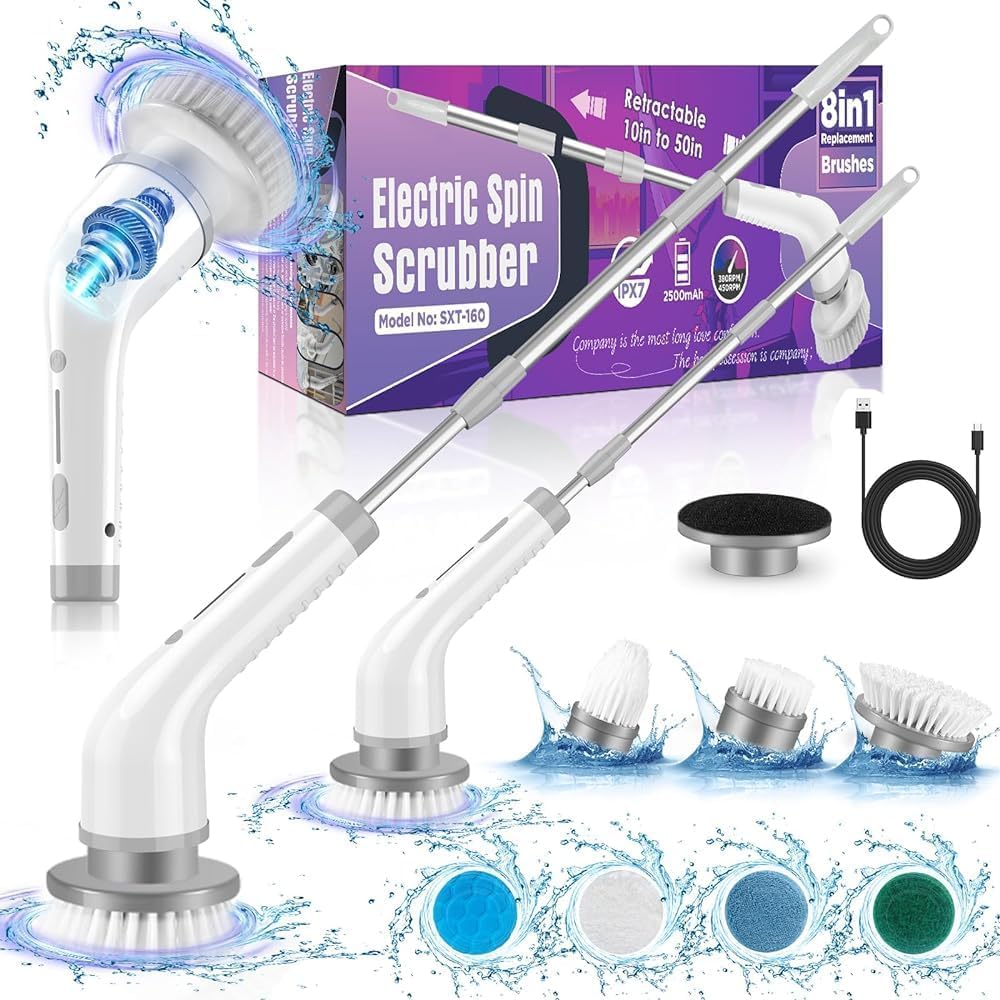 Electric Spin Scrubber — Cordless 2-Speed Cleaning with 7 Brush Heads & Extension Arm