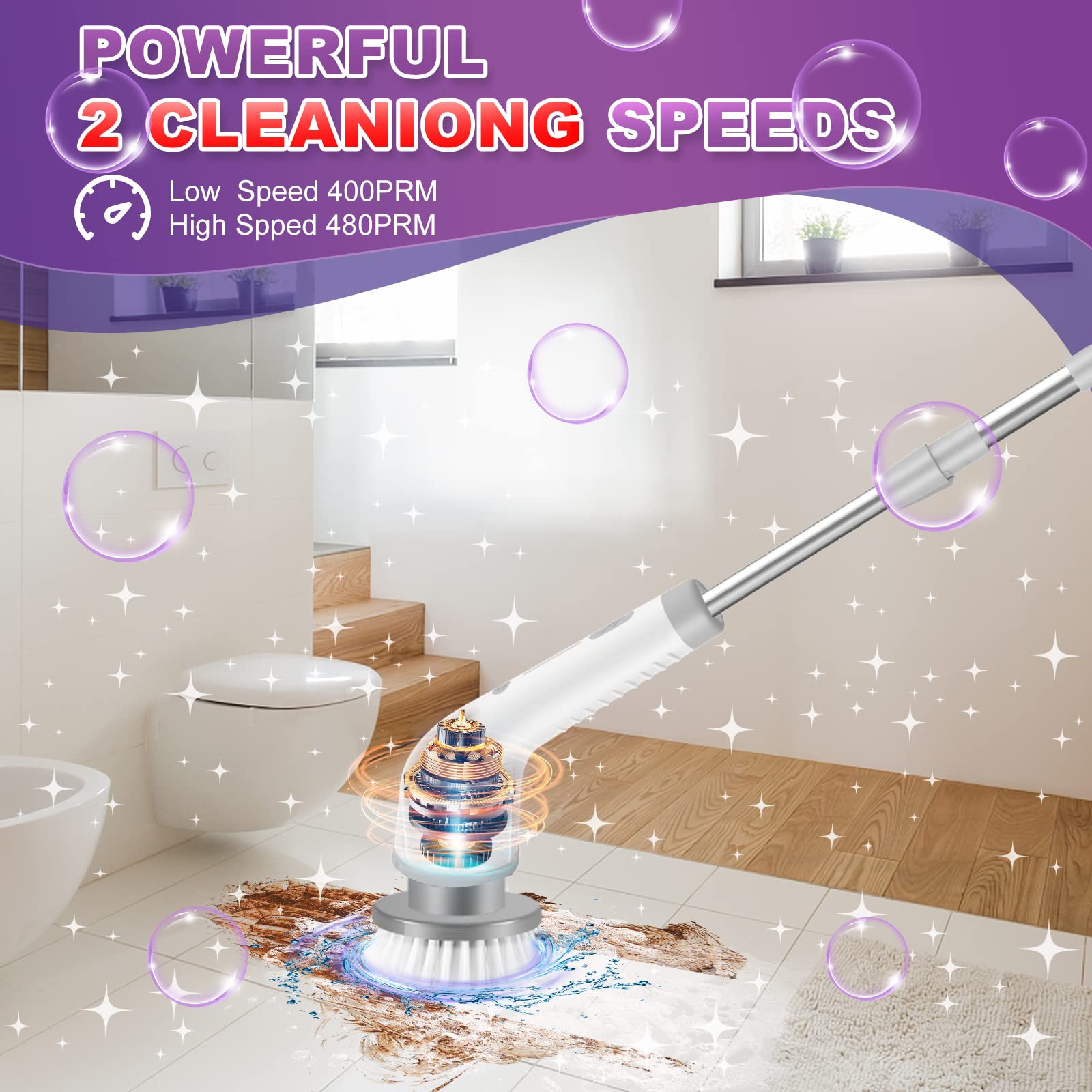 Electric Spin Scrubber — Cordless 2-Speed Cleaning with 7 Brush Heads & Extension Arm