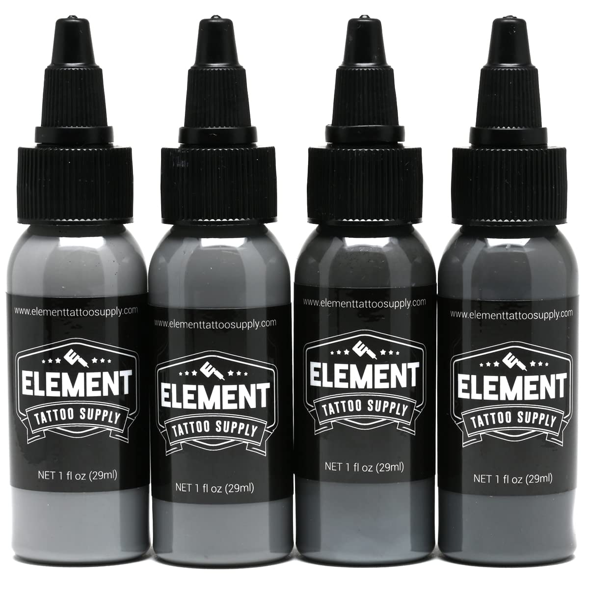 Element Tattoo Supply Battleship Gray Ink Set – 4 Grey Shades, 1 oz Each, Professional Grade