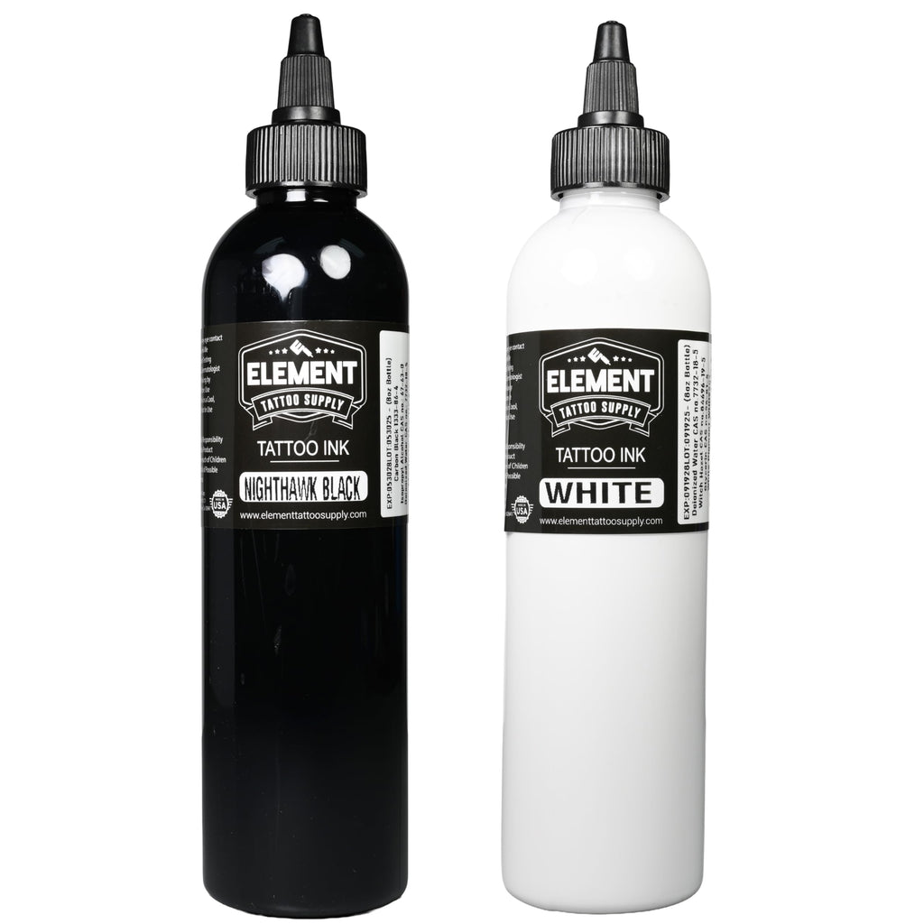 Element Tattoo Supply Black & White Ink Set – 8oz for Outlines, Shading & Highlights
