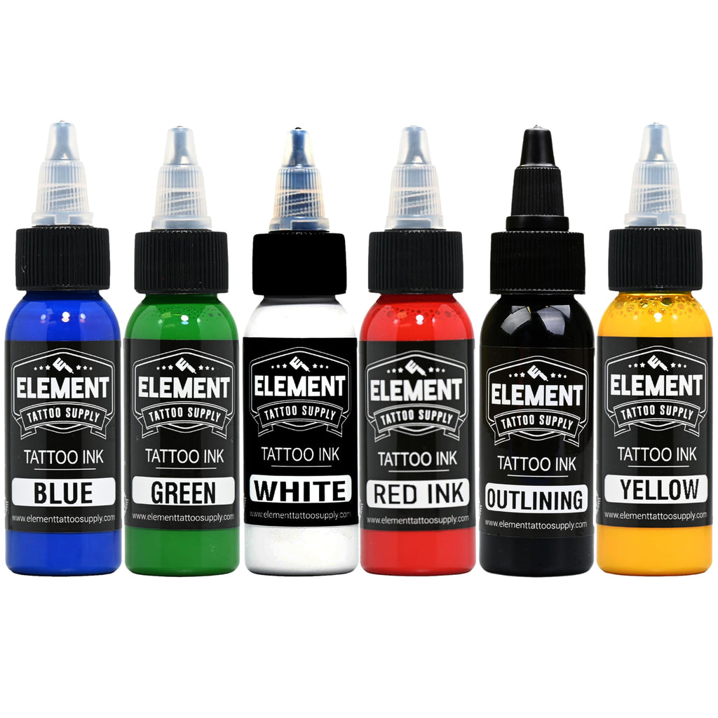 Element Tattoo Supply 6-Color Bright Ink Set – 1oz Pigment Bottles for Shading & Colorful Tattoos