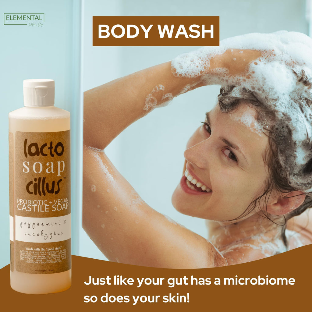 Elemental Wellness Castile Soap Liquid - Probiotic, Vegan Body Wash (16 oz)
