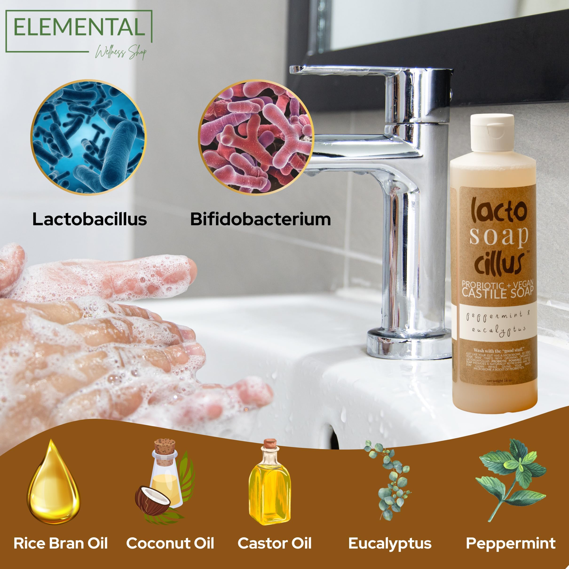 Elemental Wellness Castile Soap Liquid - Probiotic, Vegan Body Wash (16 oz)