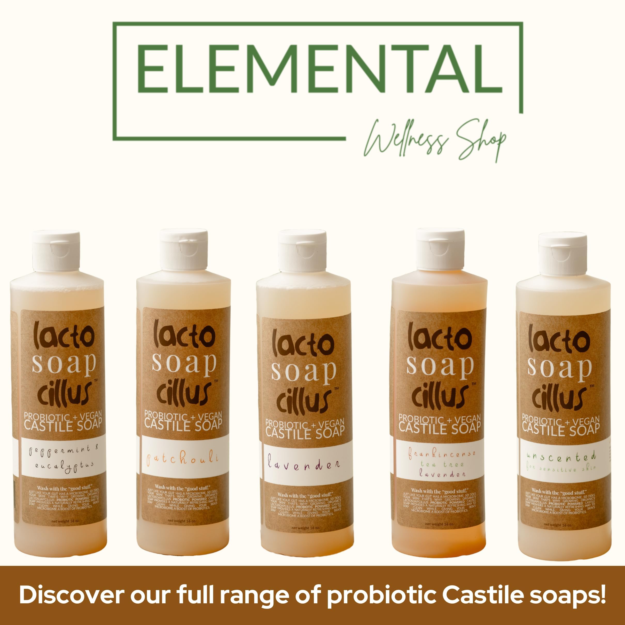Elemental Wellness Castile Soap Liquid - Probiotic, Vegan Body Wash (16 oz)