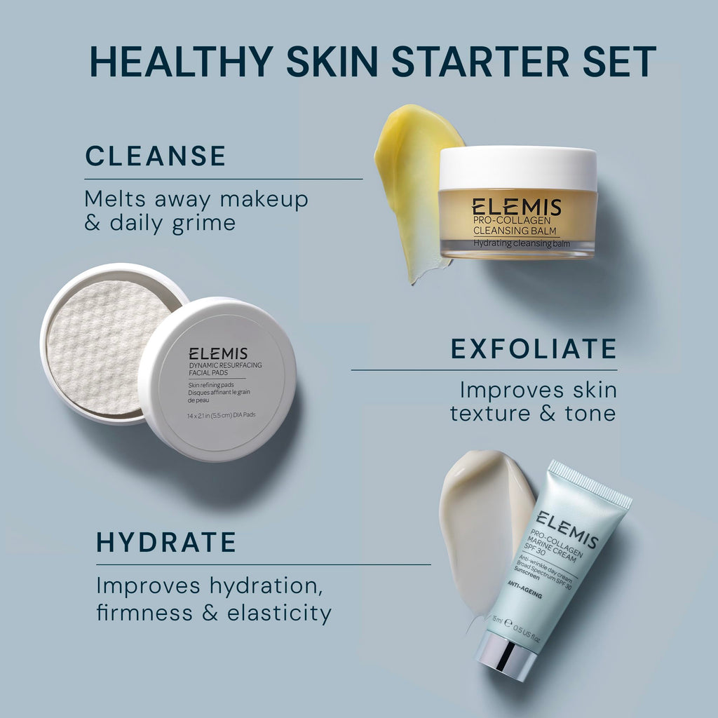 ELEMIS Healthy Skin Travel Set | Pro-Collagen Cleansing Balm Mini, Marine Cream SPF 30 Mini & Dynamic Resurfacing Pads