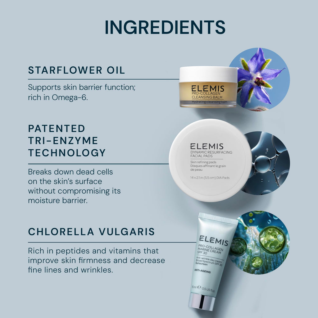 ELEMIS Healthy Skin Travel Set | Pro-Collagen Cleansing Balm Mini, Marine Cream SPF 30 Mini & Dynamic Resurfacing Pads