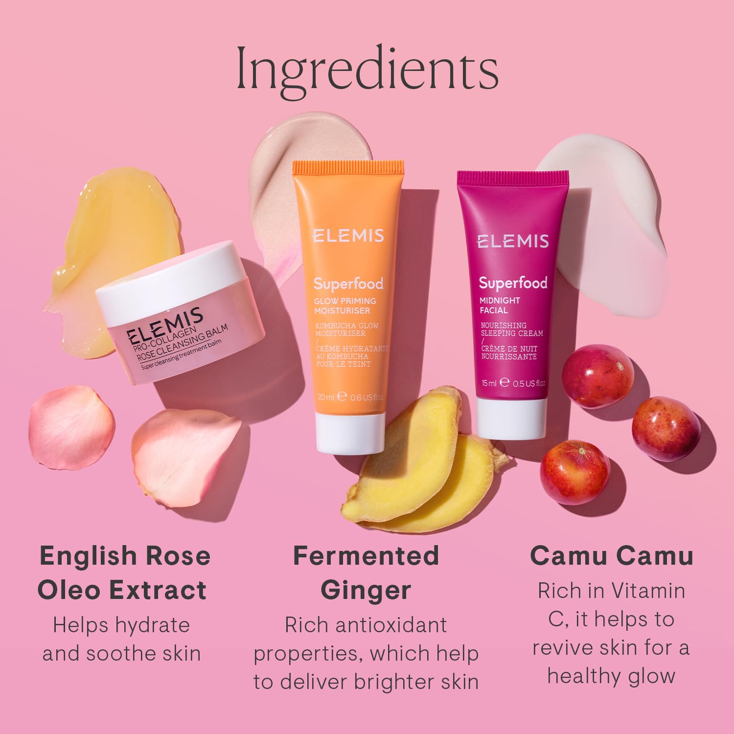 Elemis Way to Glow Exclusive Skincare Kit – Travel Set with Rose Cleansing Balm, Glow Priming Moisturizer & Midnight Facial