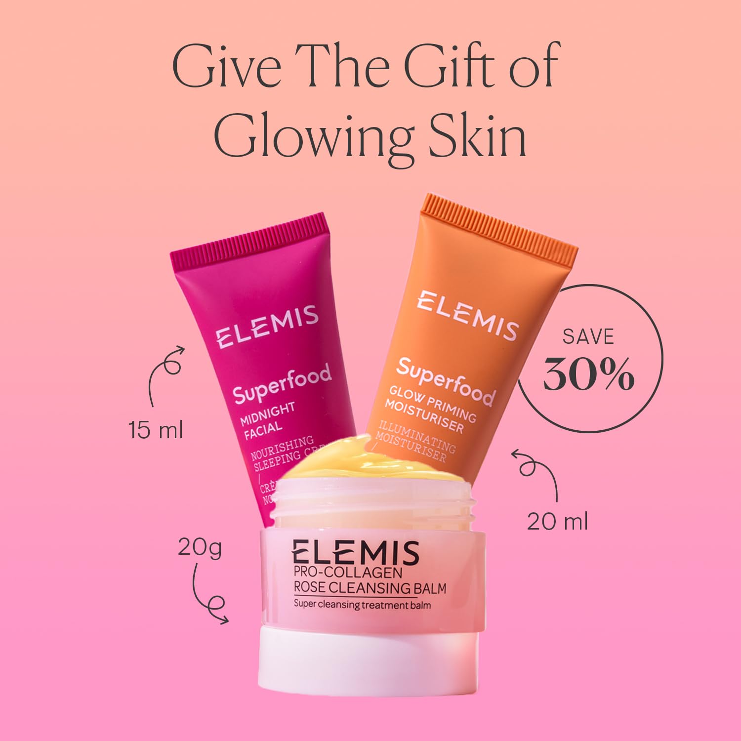 Elemis Way to Glow Exclusive Skincare Kit – Travel Set with Rose Cleansing Balm, Glow Priming Moisturizer & Midnight Facial