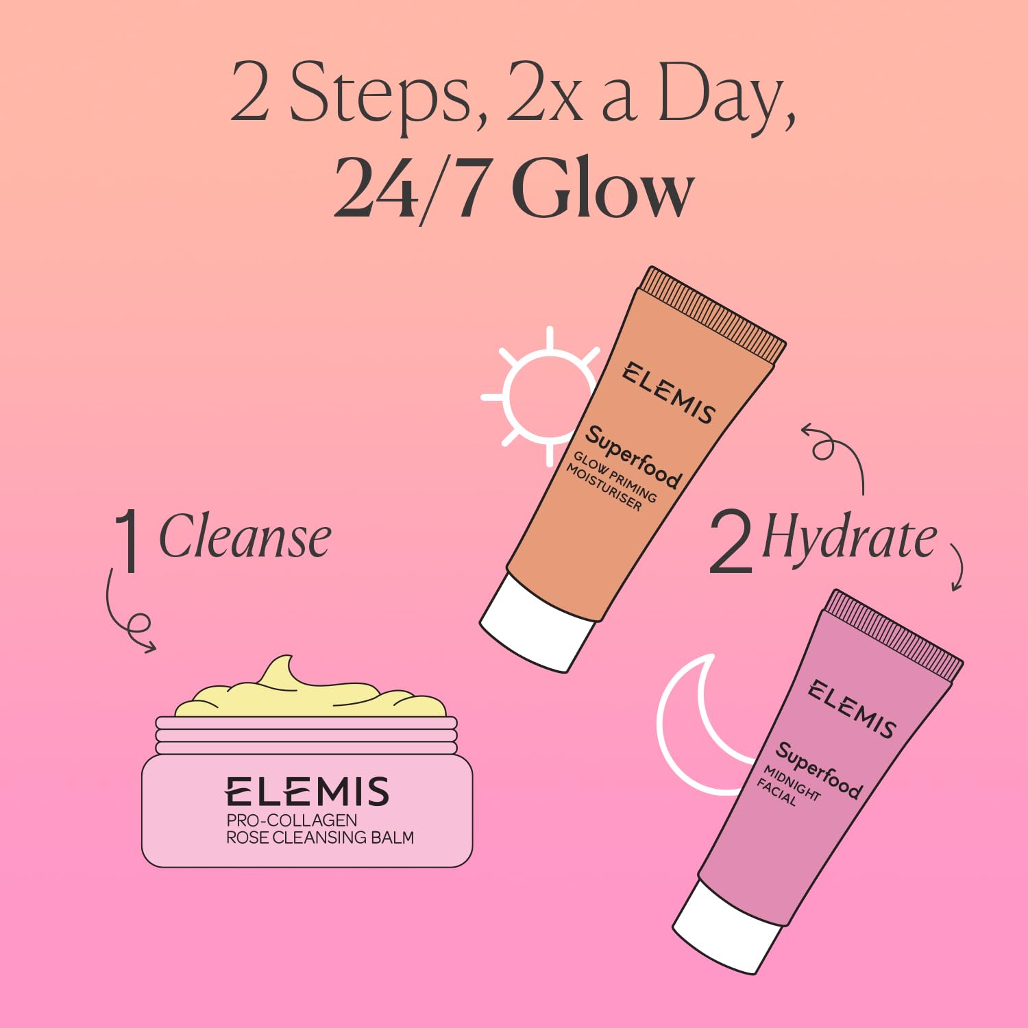 Elemis Way to Glow Exclusive Skincare Kit – Travel Set with Rose Cleansing Balm, Glow Priming Moisturizer & Midnight Facial