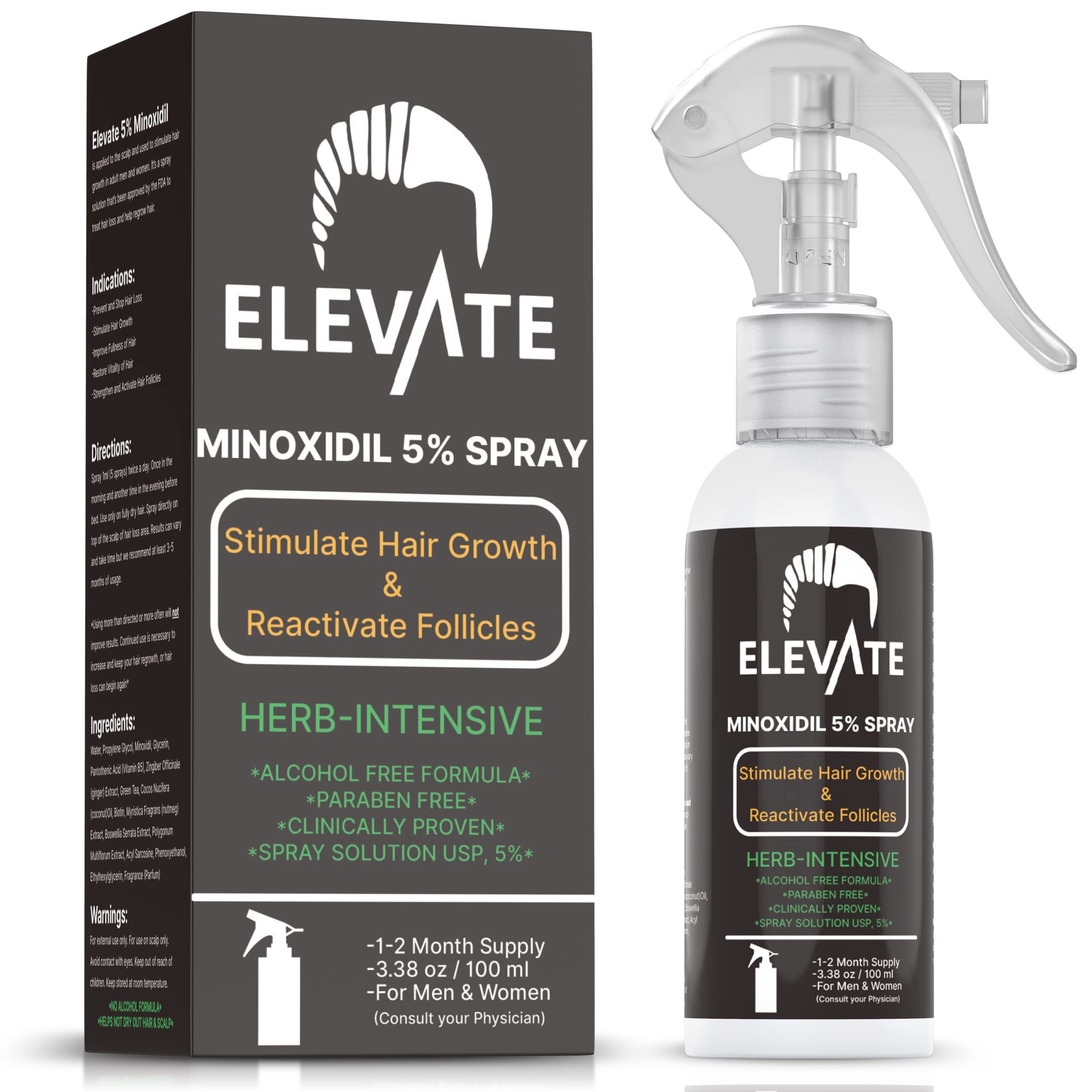 Elevate 5% Minoxidil Spray – Alcohol-Free, Extra Strength Hair Growth for Men & Women | 1 Month Supply
