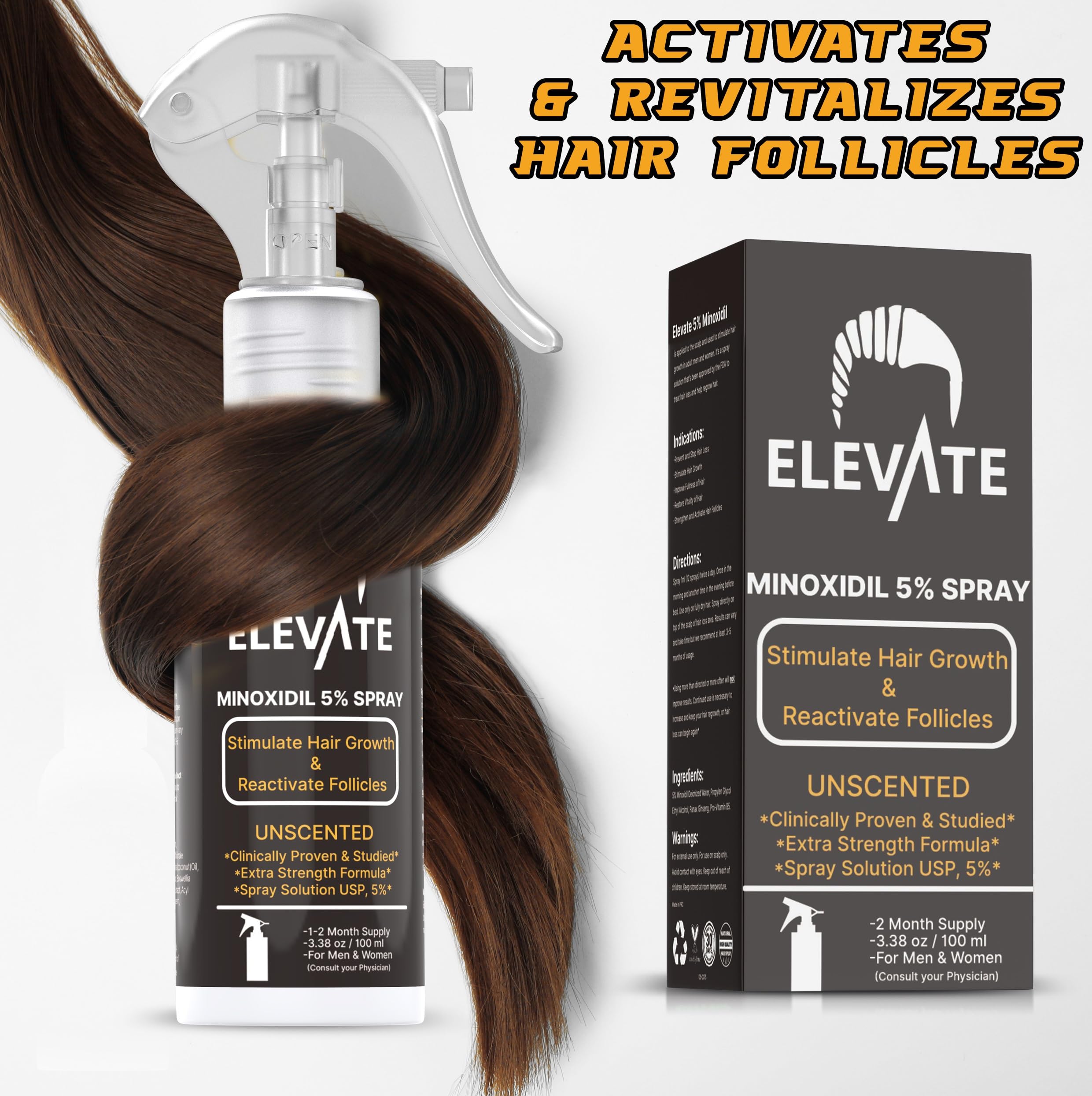 Elevate 5% Minoxidil Hair Regrowth Spray – Extra Strength for Men & Women (1 Month)