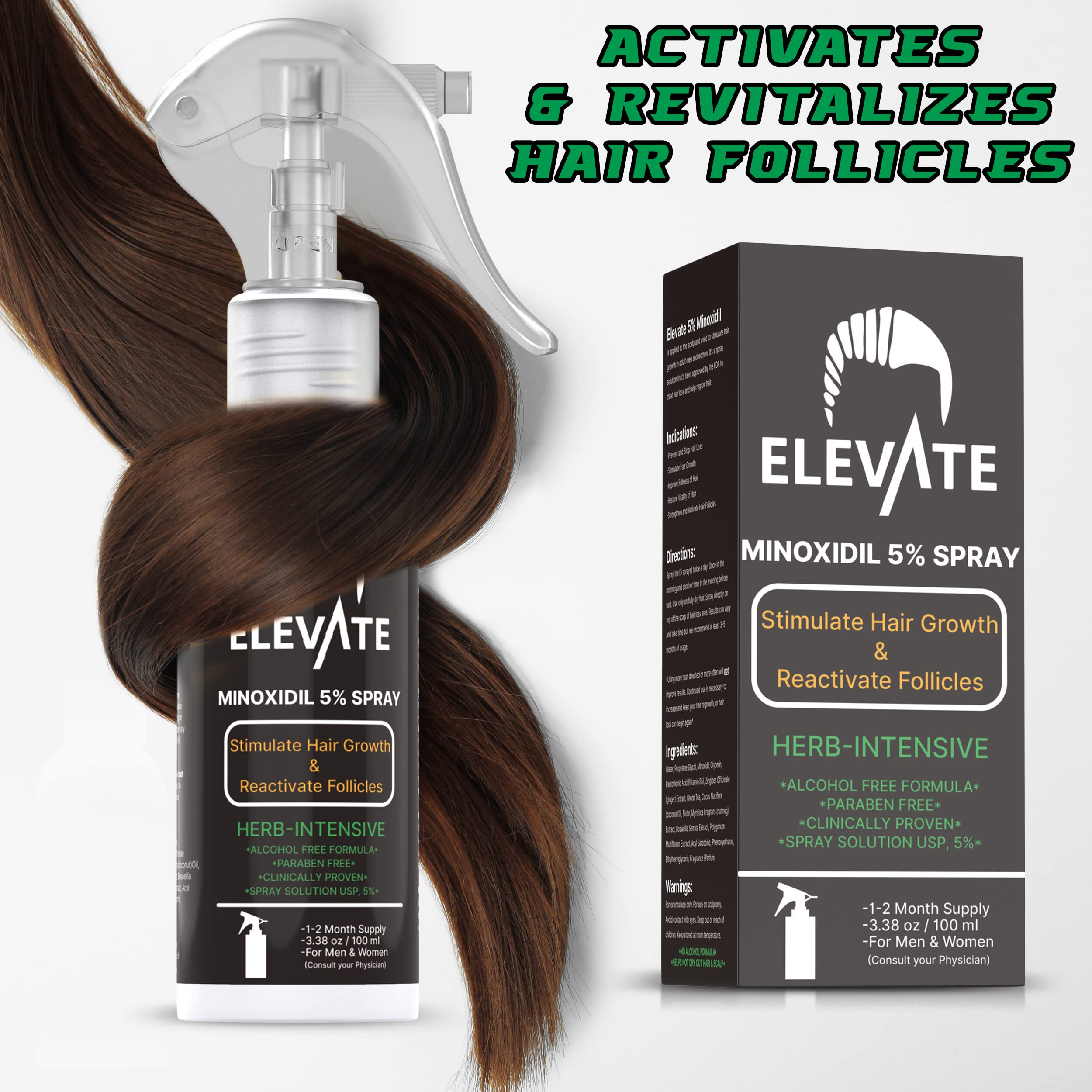 Elevate 5% Minoxidil Spray – Alcohol-Free, Extra Strength Hair Growth for Men & Women | 1 Month Supply