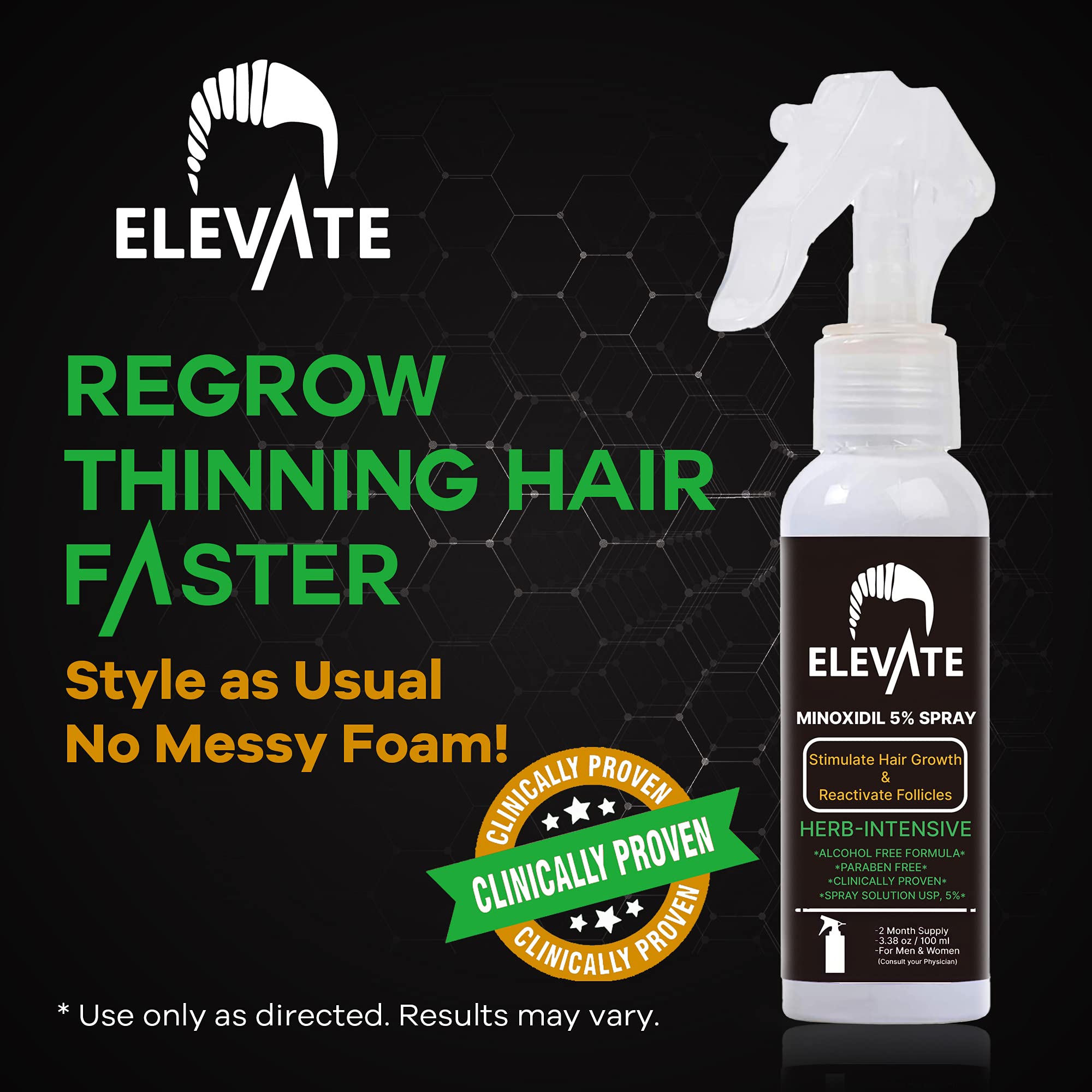 Elevate 5% Minoxidil Spray – Alcohol-Free, Extra Strength Hair Growth for Men & Women | 1 Month Supply