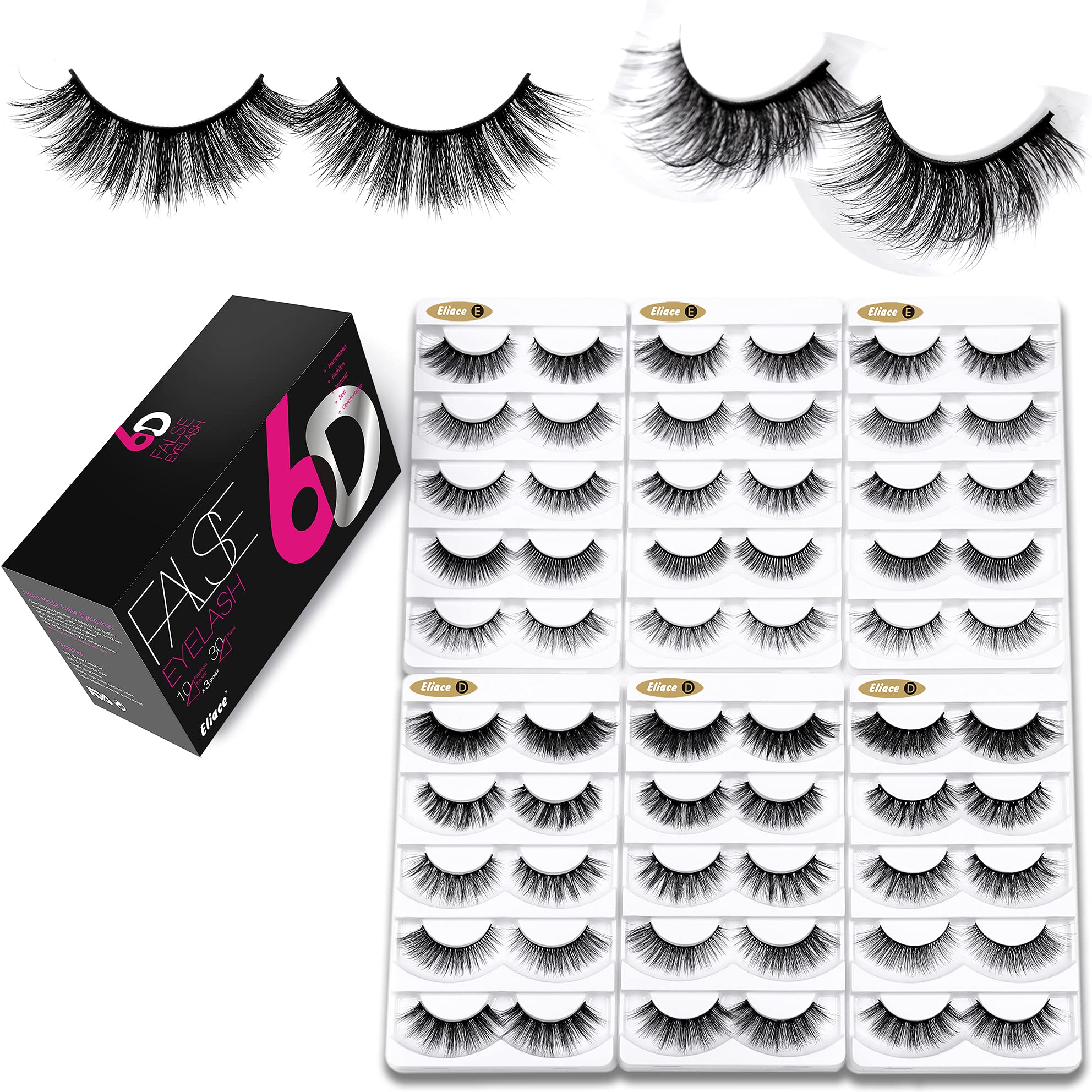 Eliace False Eyelashes | Natural Cat Eye Wispy 6D Mink, 30 Pairs, 10 Styles