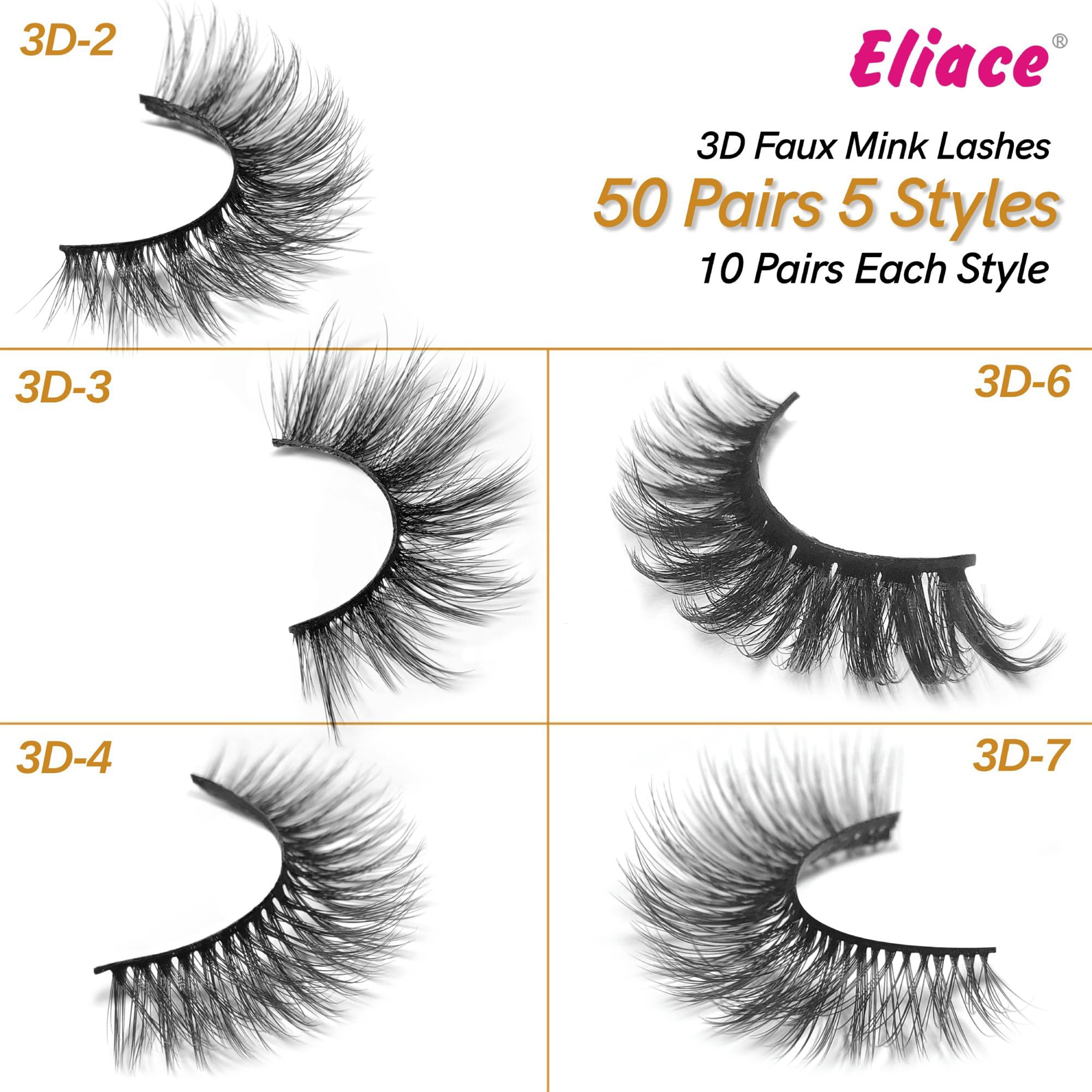 Eliace Eyelashes – 50 Pairs, 5 Styles | Luxurious Faux Mink, Natural Look