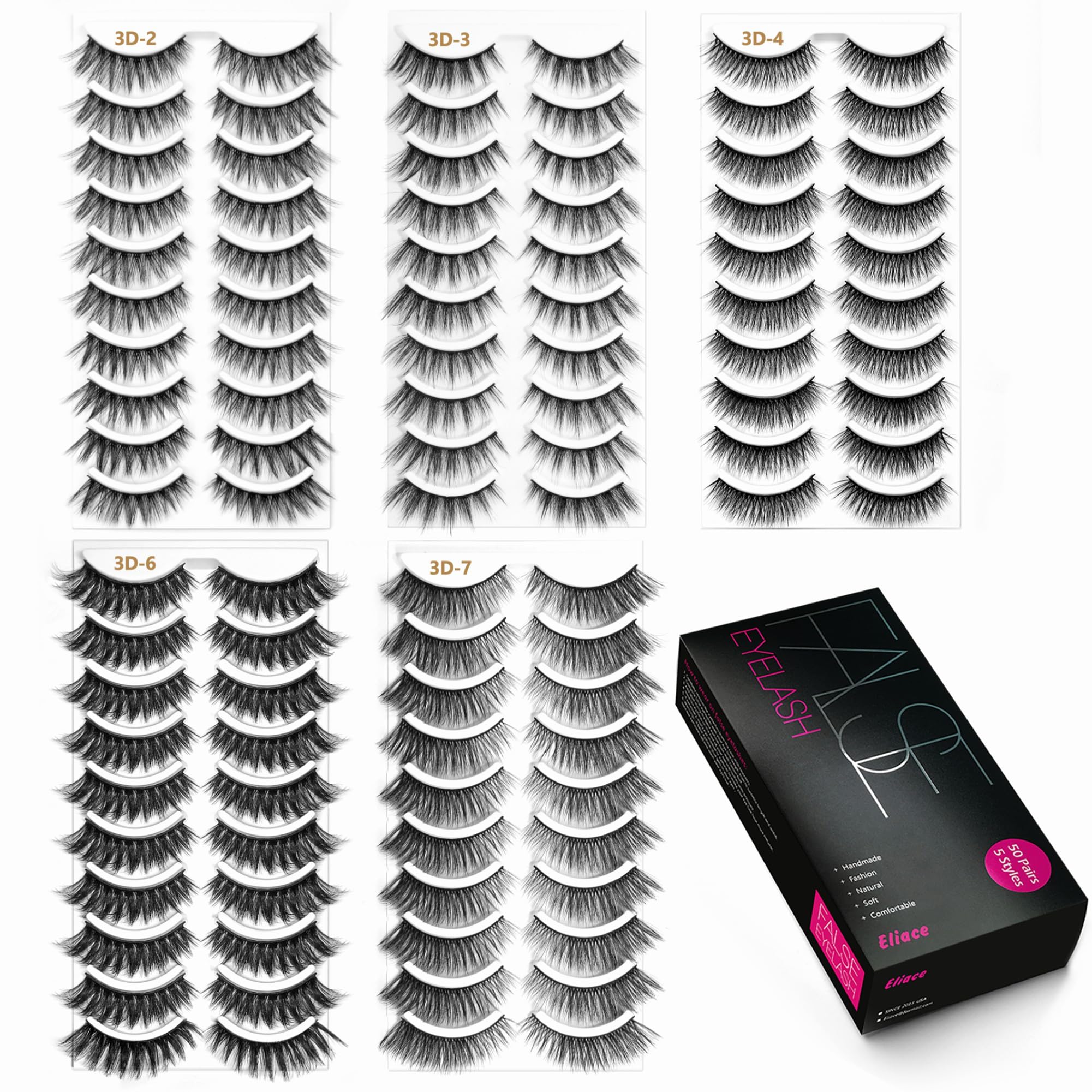 Eliace Eyelashes – 50 Pairs, 5 Styles | Luxurious Faux Mink, Natural Look