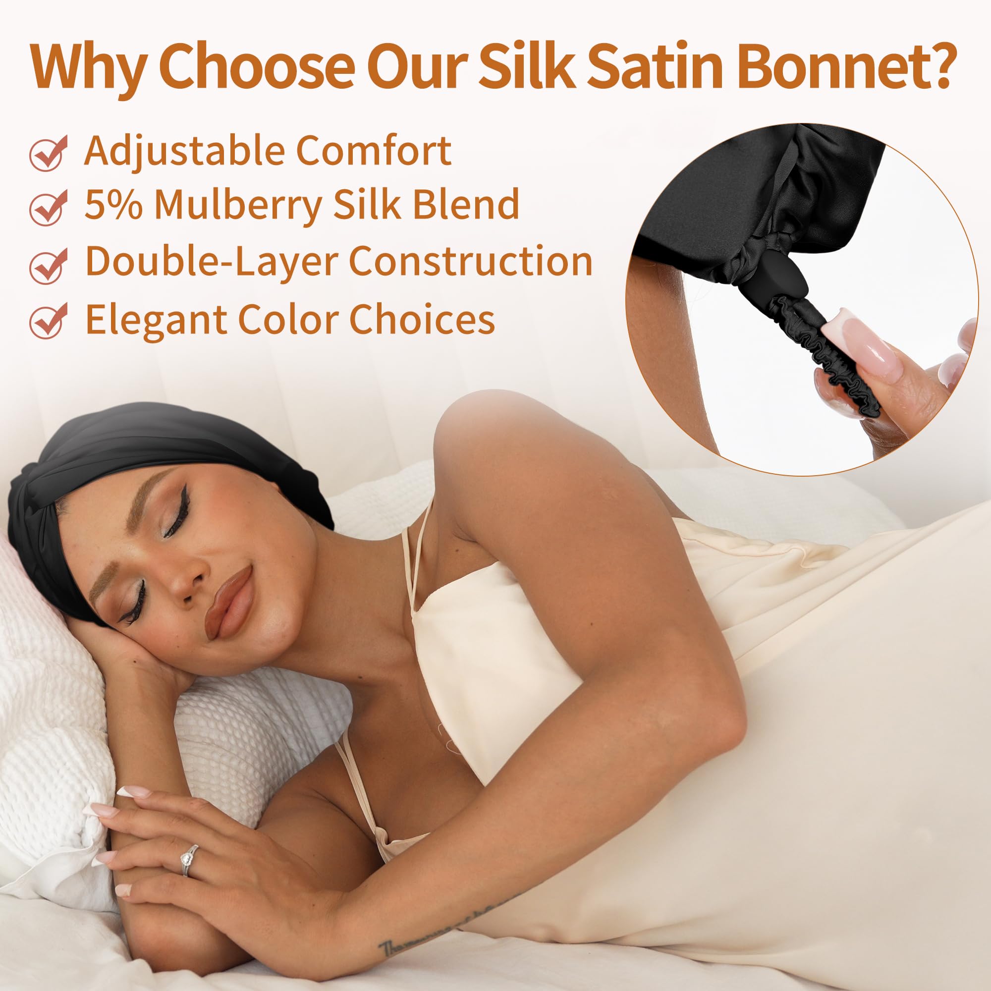 ELIO Adjustable Silk Satin Sleep Bonnet – 5% Mulberry Silk, Double Layer, Back-Clasp for All Hair Types
