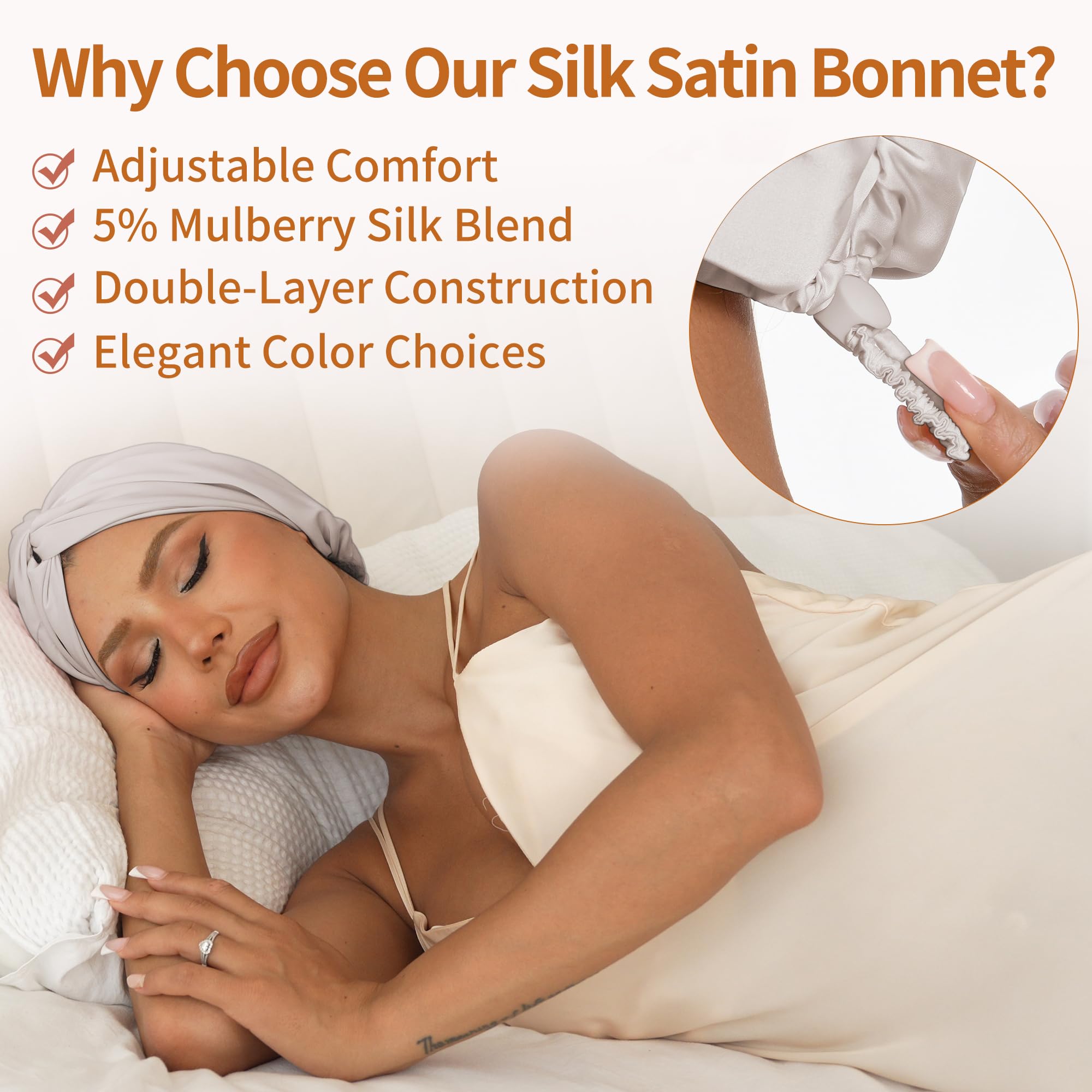 ELIO Adjustable Silk Satin Hair Bonnet – 5% Mulberry Silk, Double Layer, Champagne