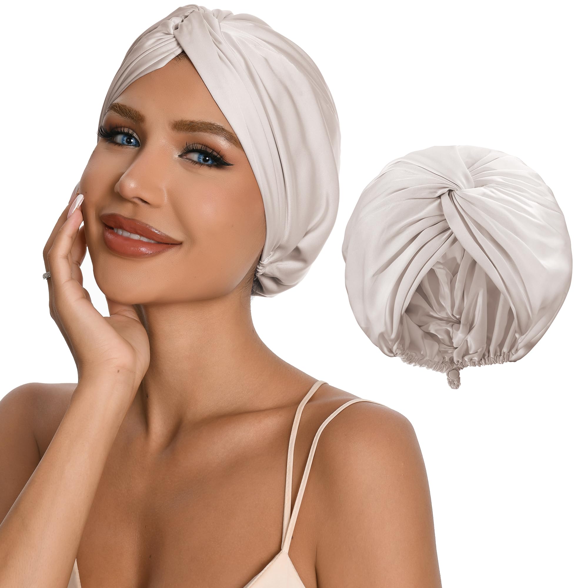 ELIO Adjustable Silk Satin Hair Bonnet – 5% Mulberry Silk, Double Layer, Champagne