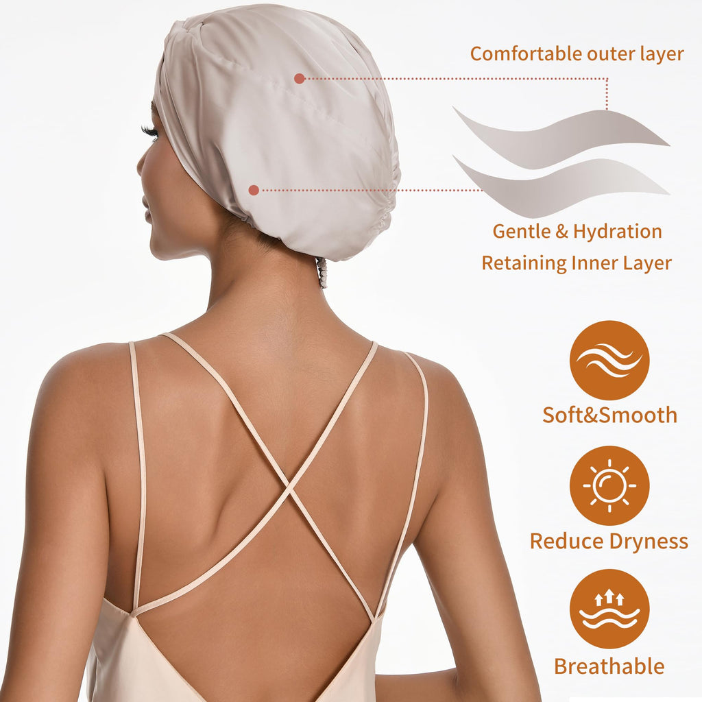 ELIO Adjustable Silk Satin Hair Bonnet – 5% Mulberry Silk, Double Layer, Champagne
