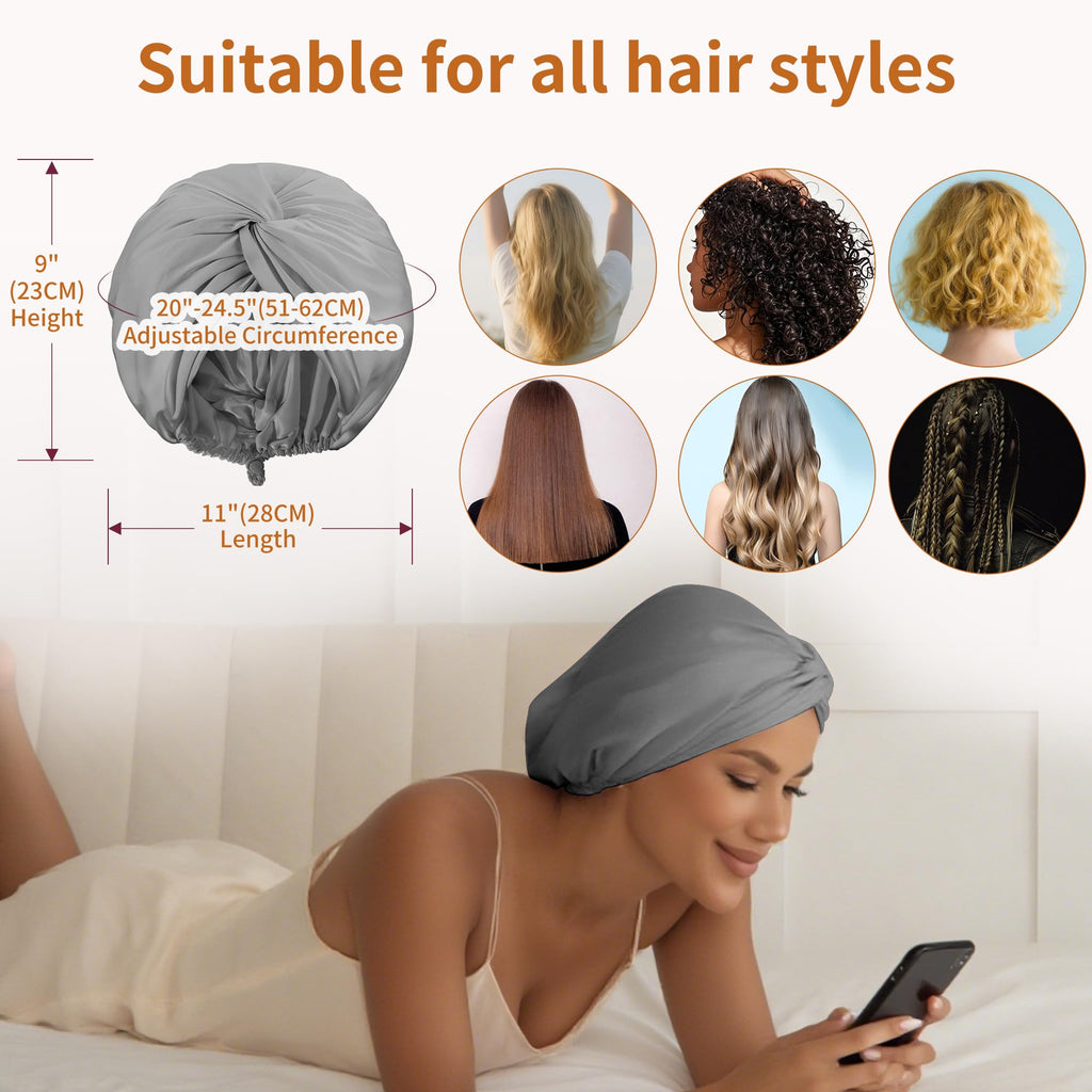 ELIO Adjustable Silk Satin Hair Bonnet – 5% Mulberry Silk, Double Layer, 20–25" Fit (Grey)