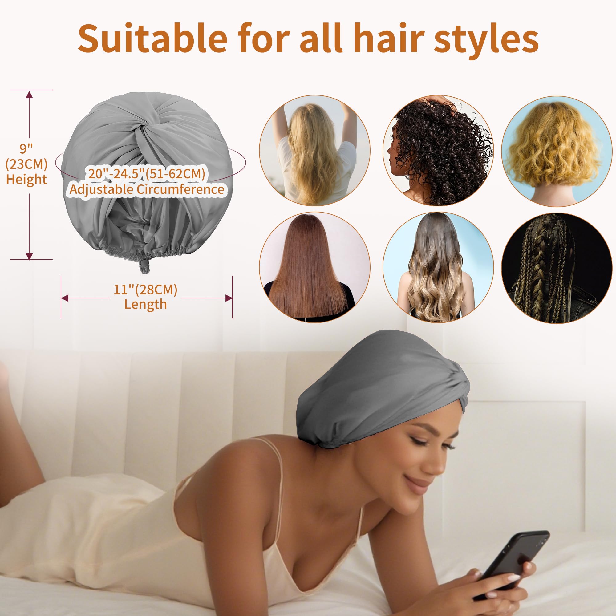 ELIO Adjustable Silk Satin Hair Bonnet – 5% Mulberry Silk, Double Layer, 20–25" Fit (Grey)
